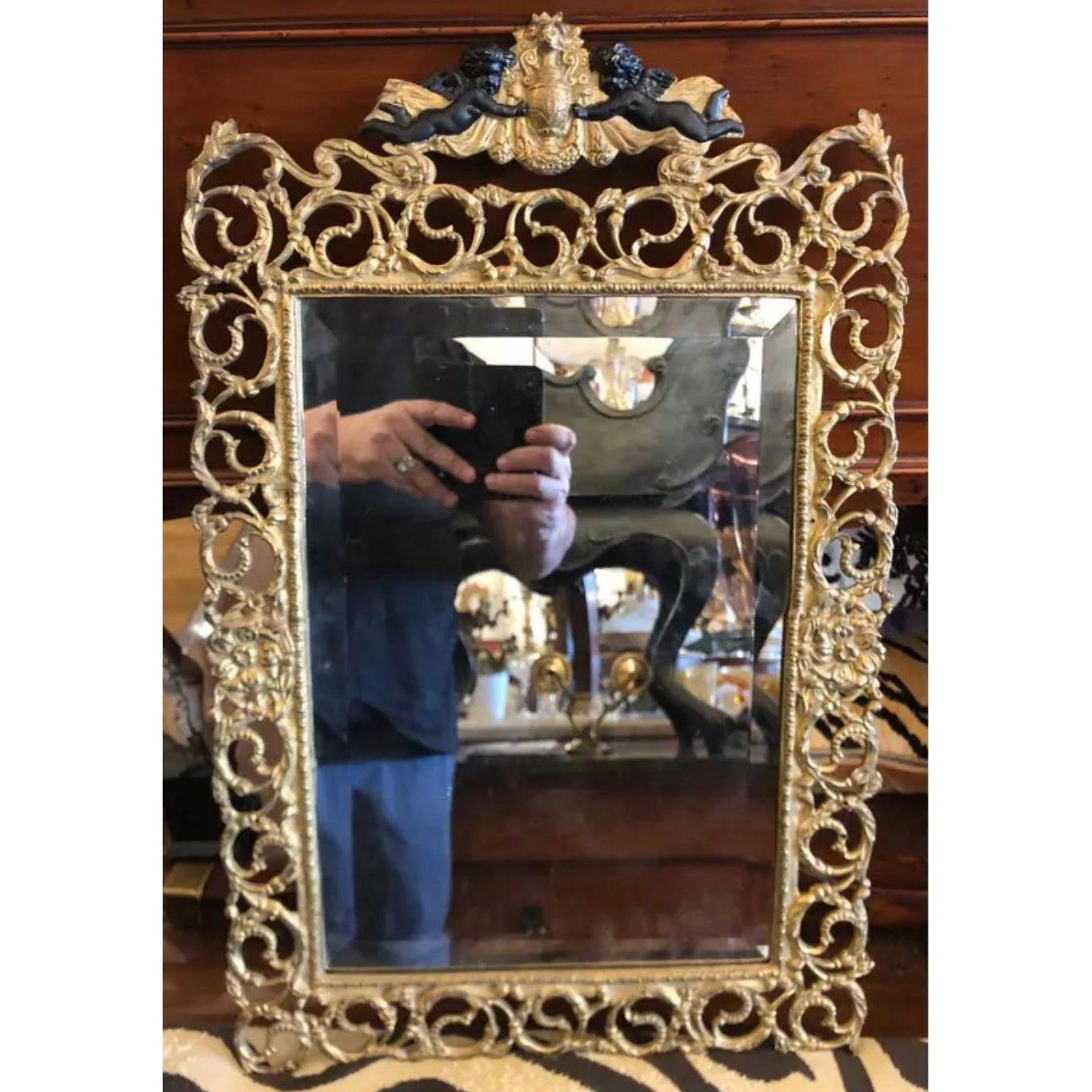 Antique French Dore Bronze Reticulated Mirror with Ebonized Angels In Good Condition For Sale In LOS ANGELES, CA