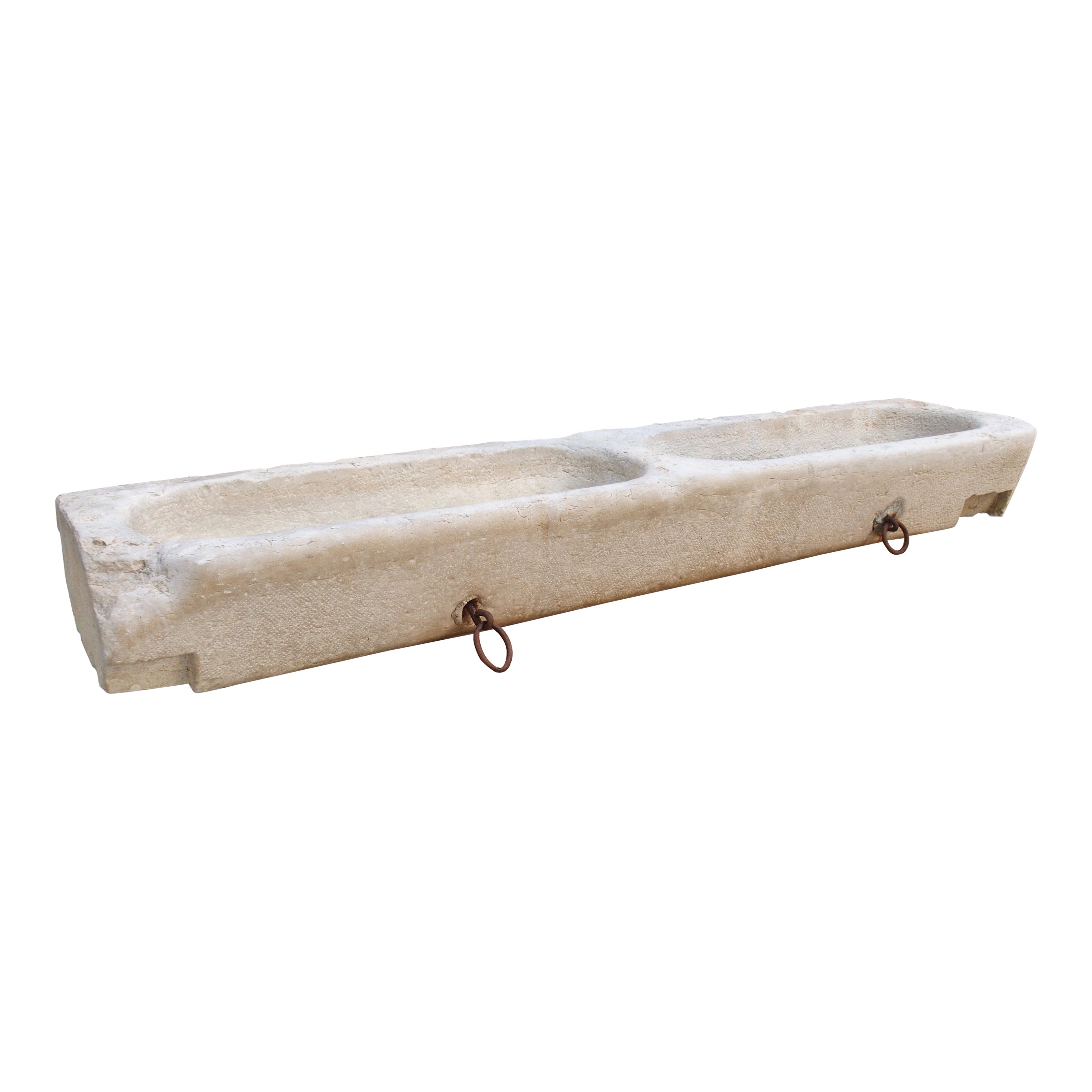 Antique French Trogolo a doppio bacino in pietra calcarea di Borgogna con anelli in ferro, C.C. 1850 in vendita
