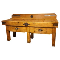 Antique French Double Butcher Block Table con supporti in ferro, circa 1920