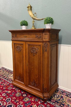Antique French Double Door Cabinet Cupboard Carved Honey Oak Drawer early 20th