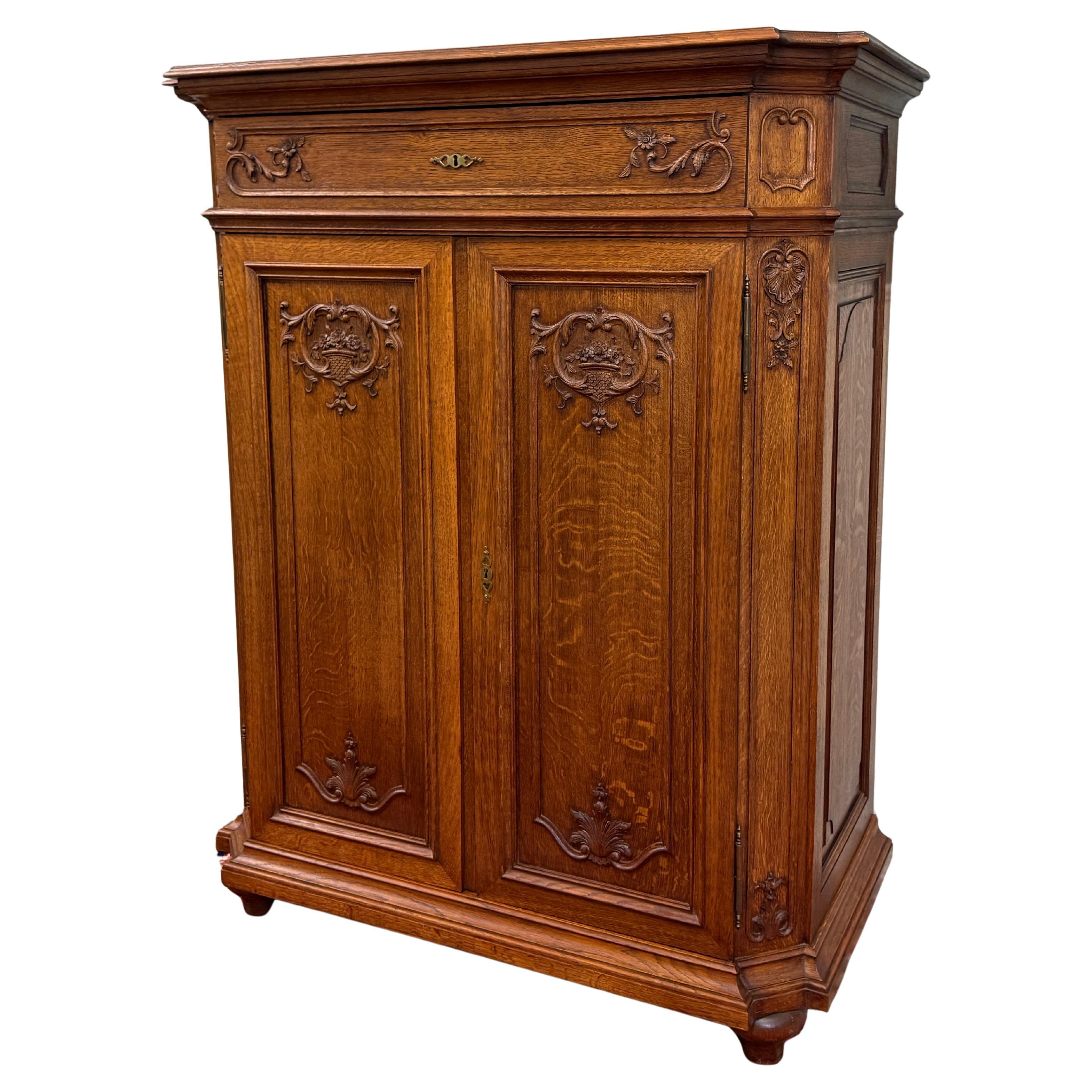 Antique French Double Door Cabinet Cupboard Carved Honey Oak Drawer early 20th For Sale