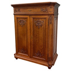 Antique French Double Door Cabinet Cupboard Carved Honey Oak Drawer early 20th