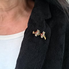 Antique French Double Owl Diamond, Hessonite Garnet and Emerald Brooch