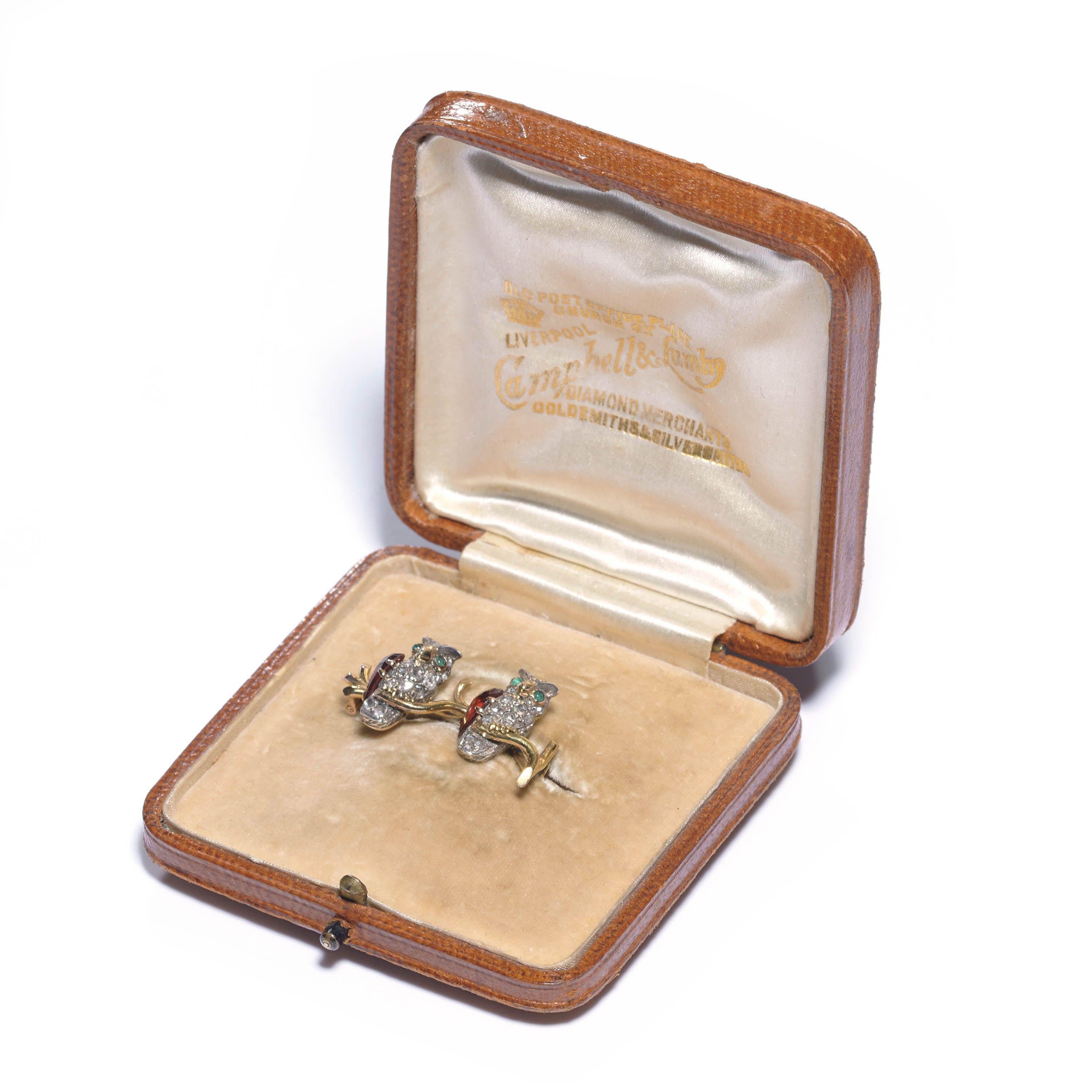 Rose Cut Antique French Double Owl Diamond, Hessonite Garnet and Emerald Brooch For Sale