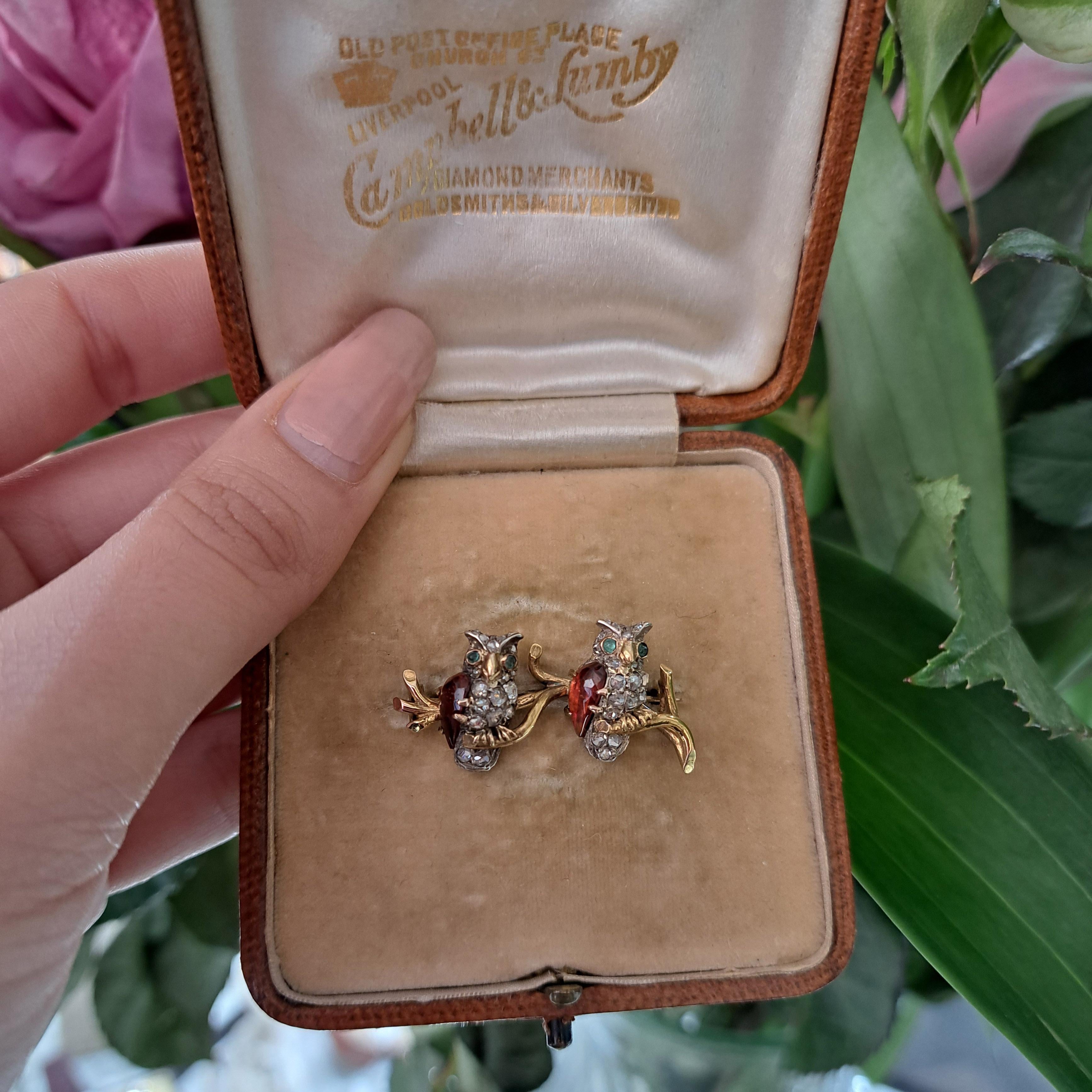 Women's Antique French Double Owl Diamond, Hessonite Garnet and Emerald Brooch For Sale