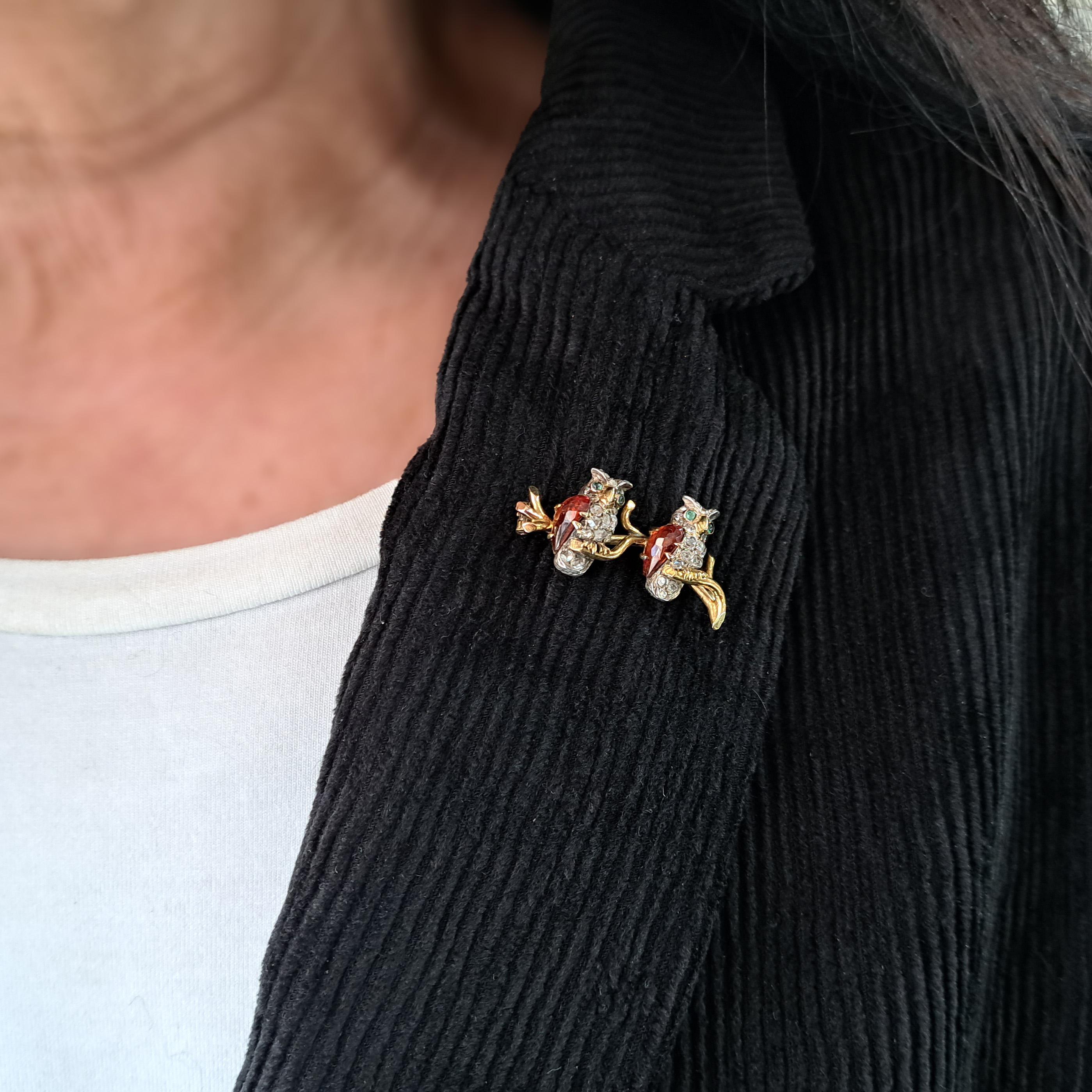 Antique French Double Owl Diamond, Hessonite Garnet and Emerald Brooch For Sale 1