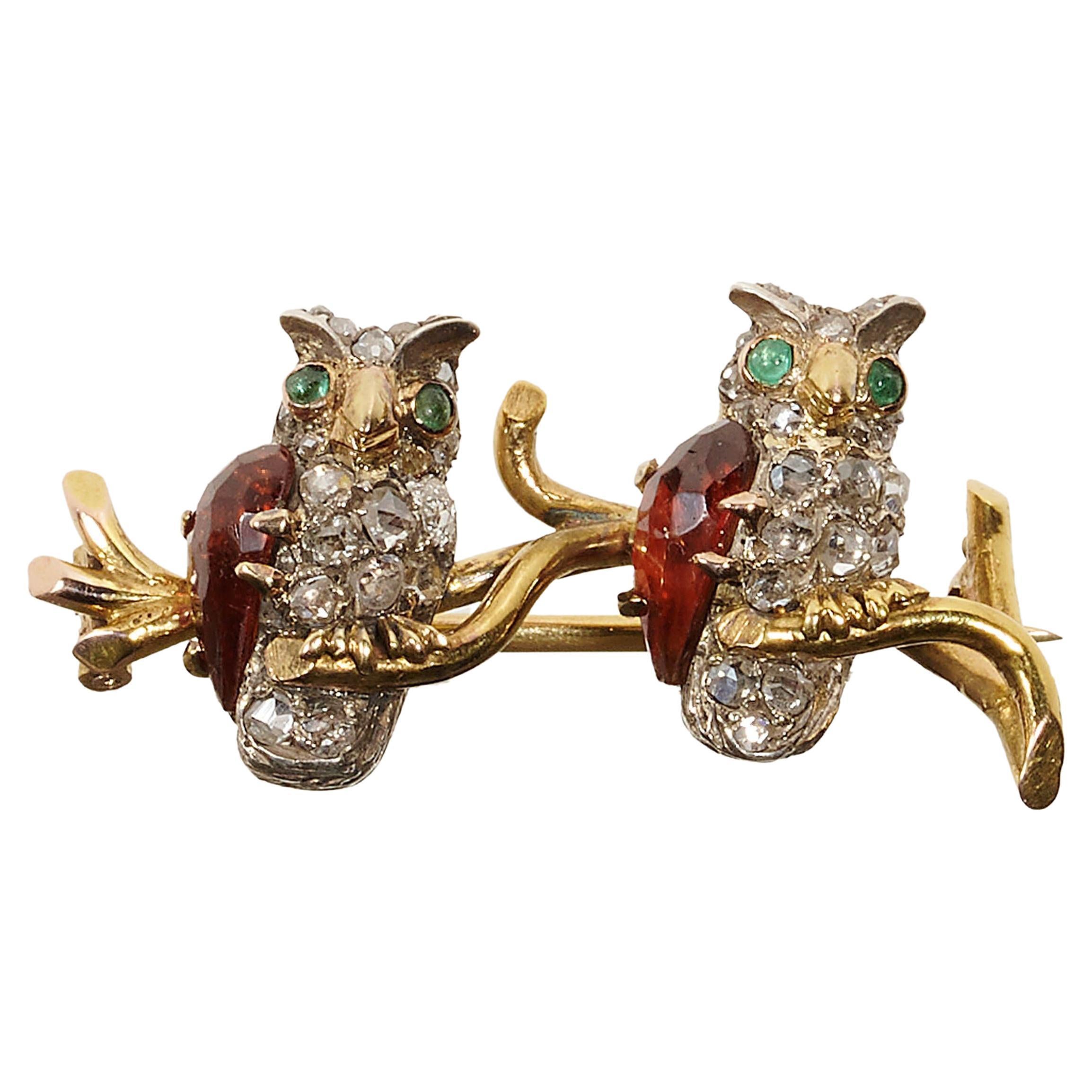 Antique French Double Owl Diamond, Hessonite Garnet and Emerald Brooch For Sale