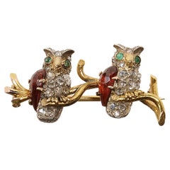 Antique French Double Owl Diamond, Hessonite Garnet and Emerald Brooch