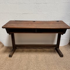 Antique French Double School Desk with Inkwells, Early 20th Century