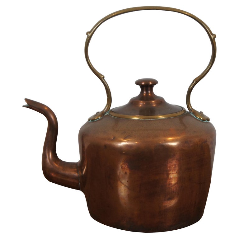 Antique French Dovetailed Brass and Copper Goose Neck Tea Coffee Kettle 13"  For Sale at 1stDibs
