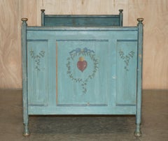 ANTIQUE FRENCH DUCK EGG BLUE HAND PAiNTED ORNATELY DECORATED BED FRAME IN OAK