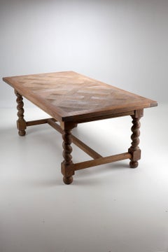 Antique French Early 19th Century Solid Oak Dining Table with Parquetry Inlay