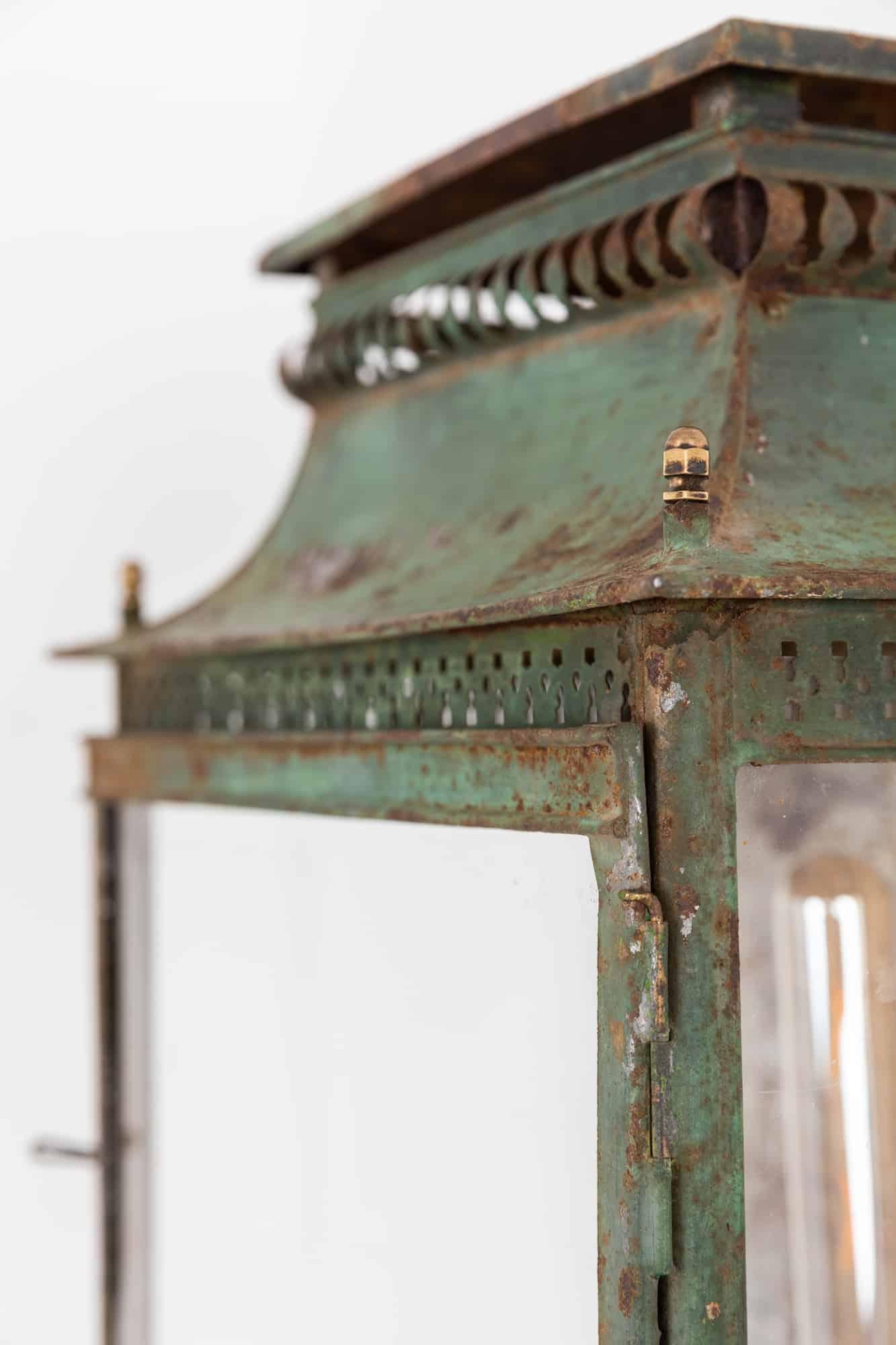 

Beautifully formed early 20th century tole wall lantern in original condition. French, c.1910

Painted metal surface with a wonderful time worn patina and pierced detailing. Single glazed door to front.

Rewired to connect to mains. A plug can be