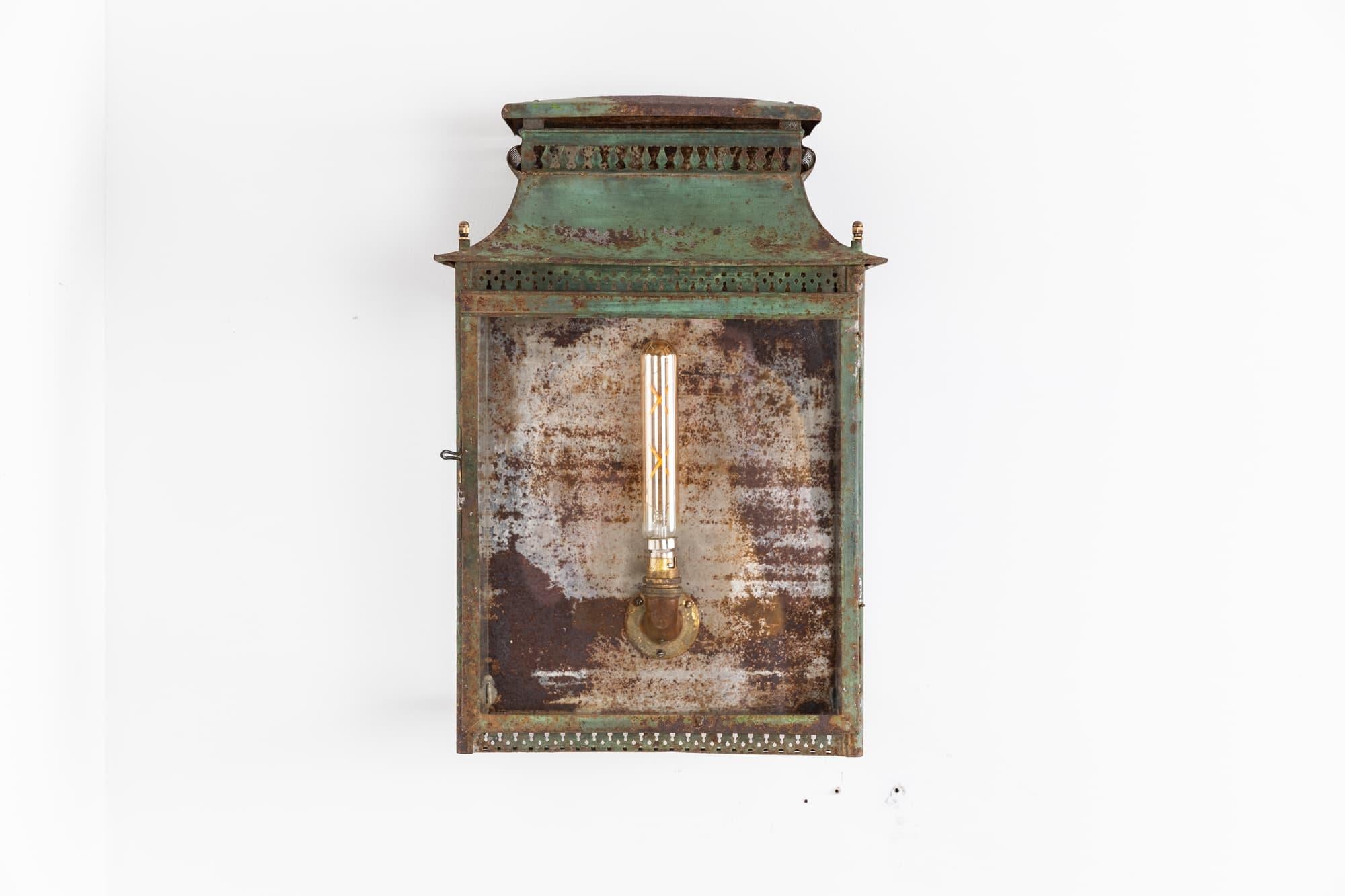 Pressed Antique French Early 20th Century Toleware Painted Metal Wall Lantern, C.1910
