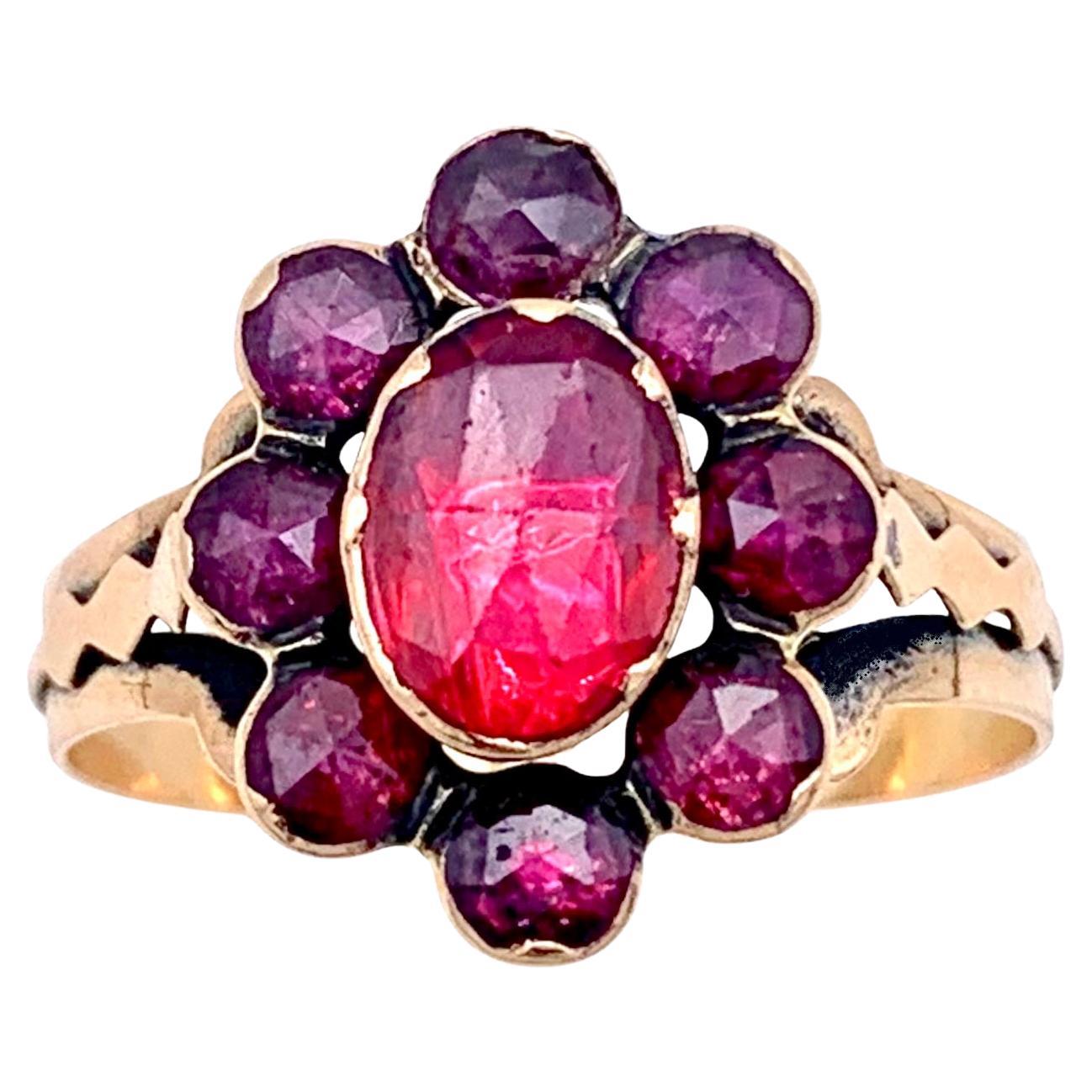 Antique French Early Nineteenth Century 18 Karat Gold Ring Garnets of Perpignan