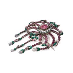 Antique French early Victorian pink topaz and green enamel brooch