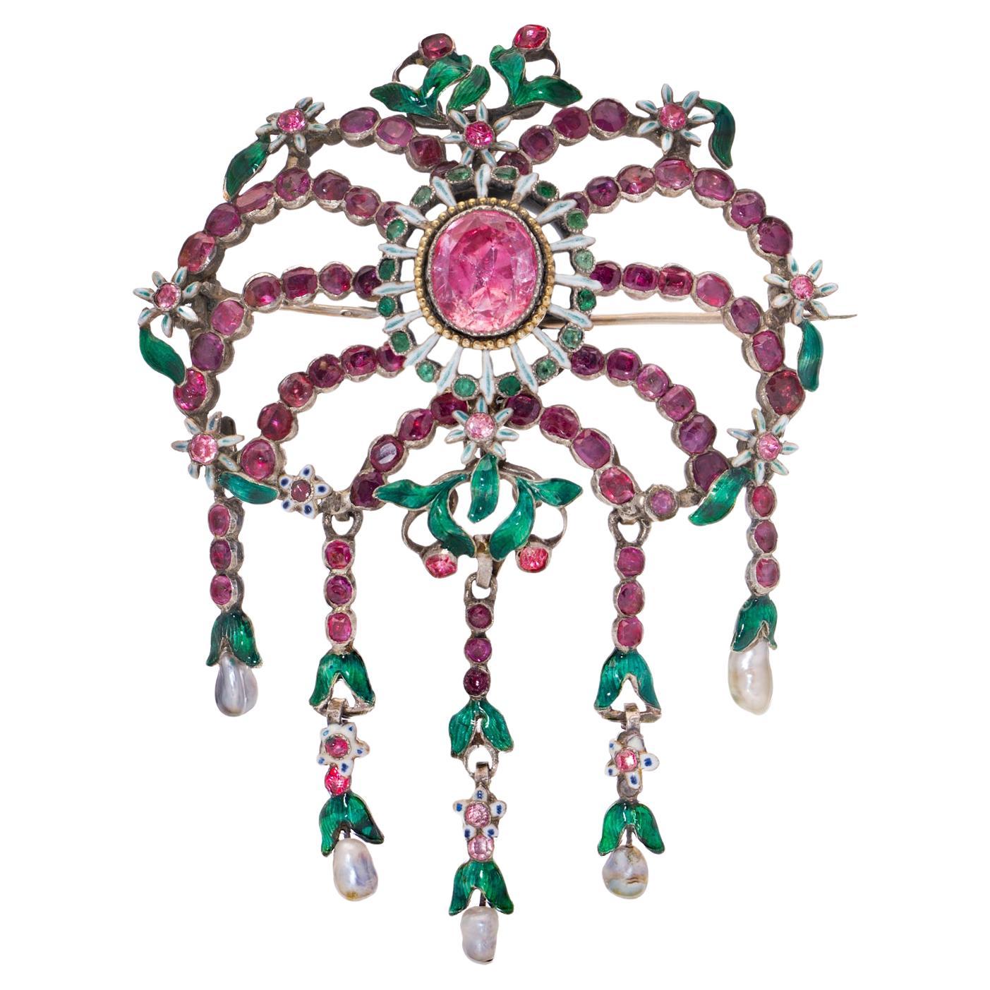 Antique French early Victorian pink topaz and green enamel brooch
