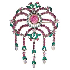 Antique French early Victorian pink topaz and green enamel brooch