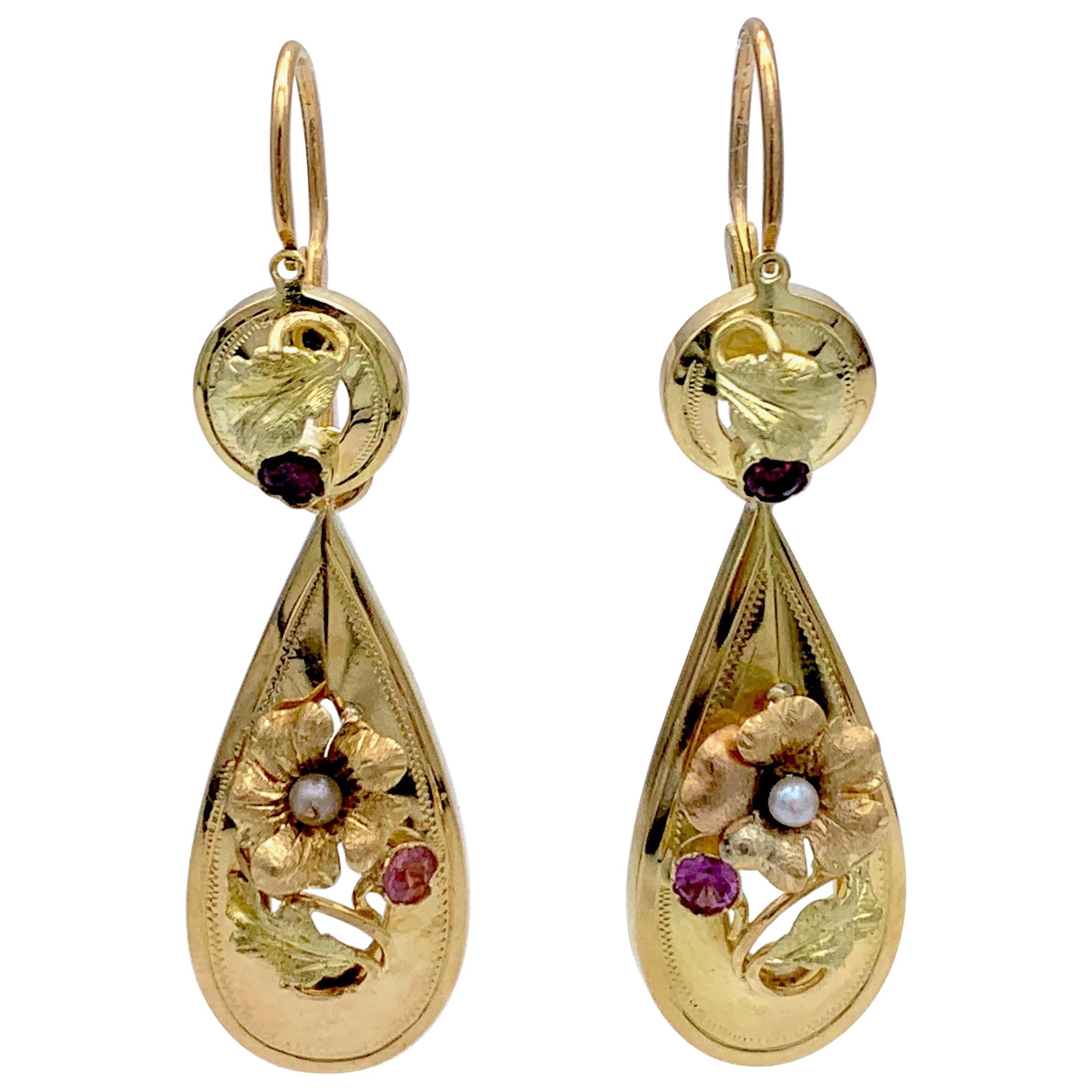 Pendientes Antique French Amatista Perla Flores Tres Colores Oro 18 Kilates en venta
