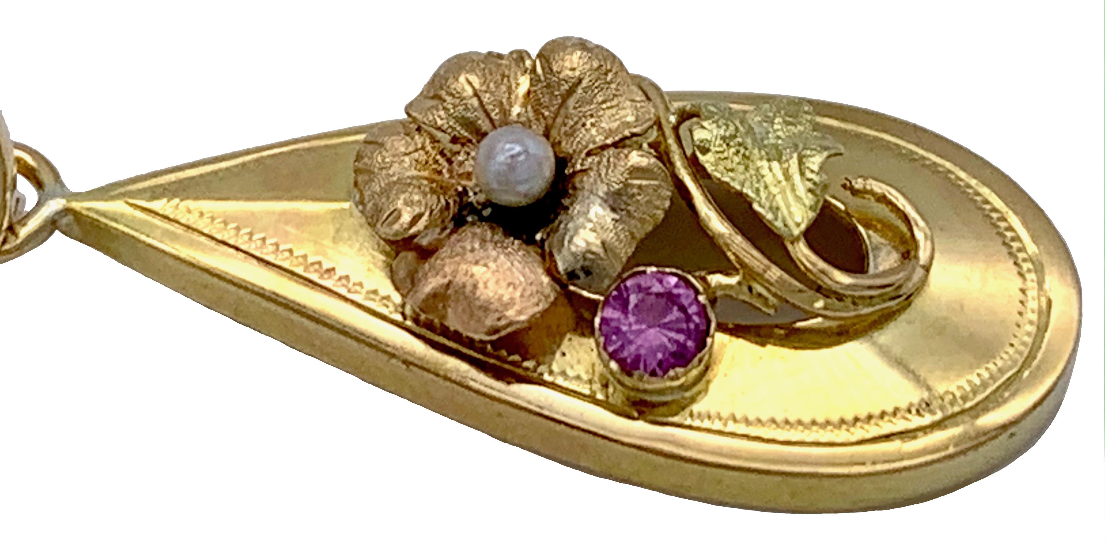Pendientes Antique French Amatista Perla Flores Tres Colores Oro 18 Kilates Corte redondo en venta