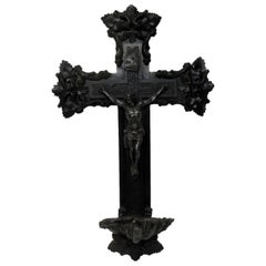 Antique French Ebonized Crucifix Bronzed Christ Cross Holy Water Font Benitier