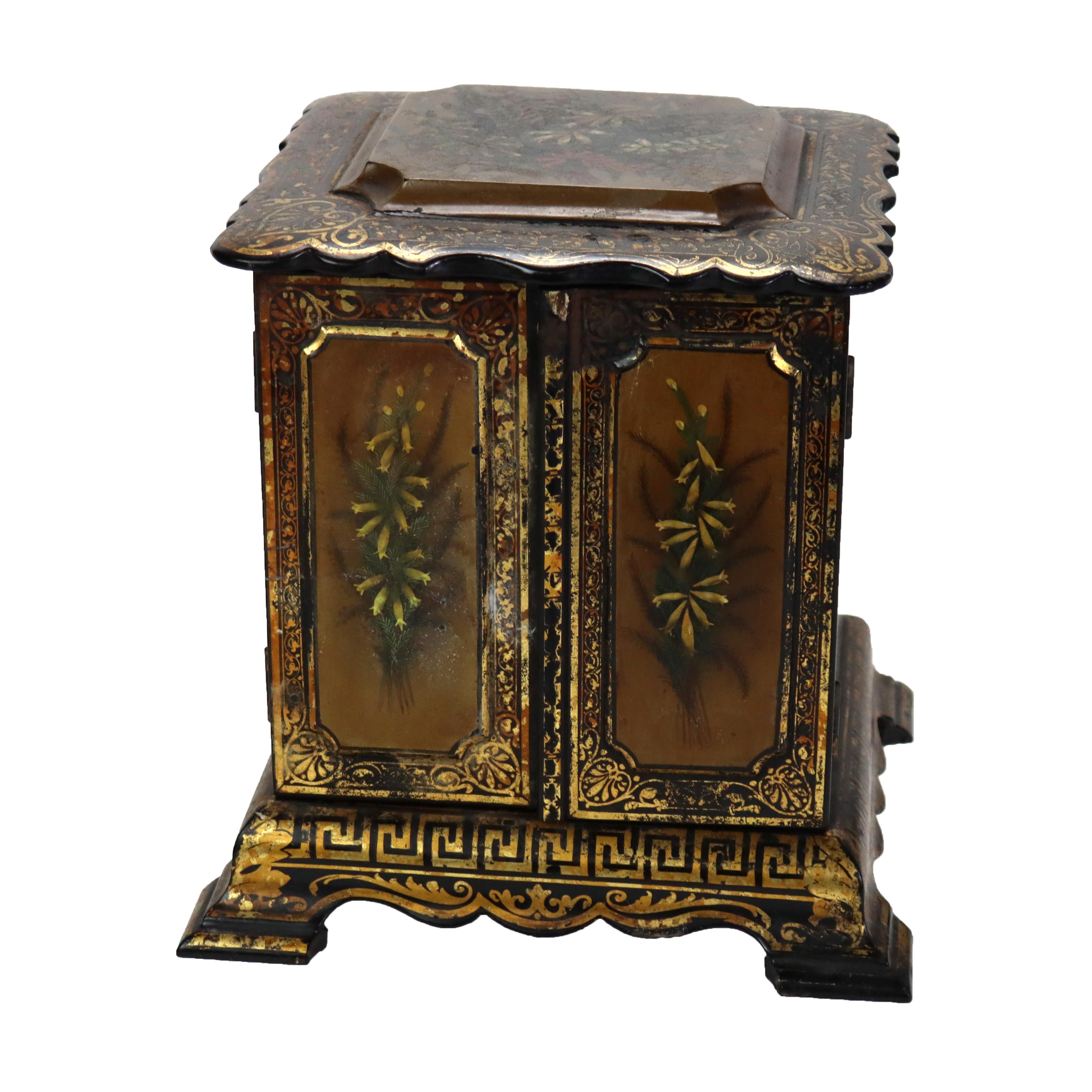 Antique French Ebonized & Gilt 2 Door Lift Top Jewelry Box C1890.   
9 1/2
