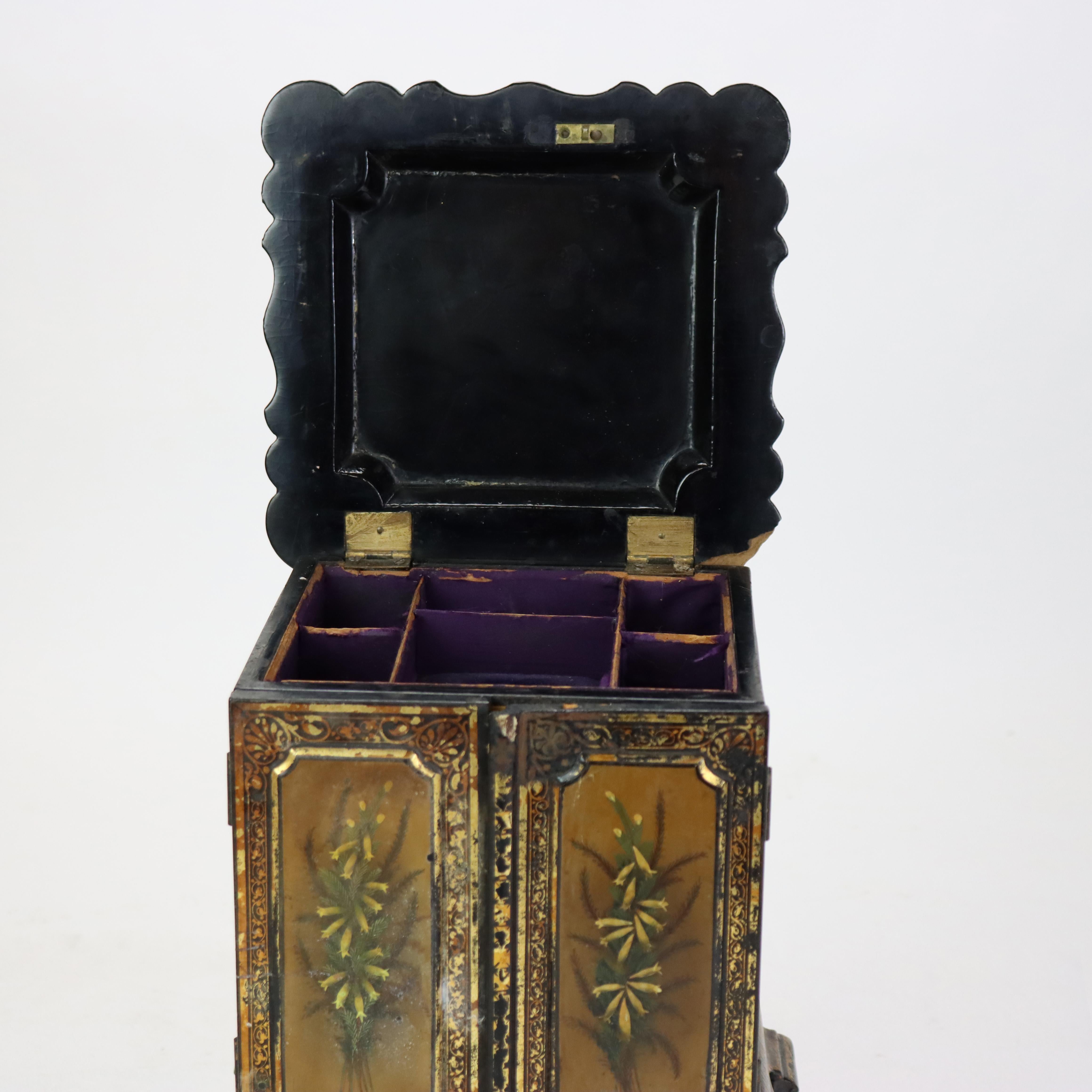 19th Century Antique French Ebonized & Gilt Two-Door Lift Top Jewelry Box c1890 For Sale