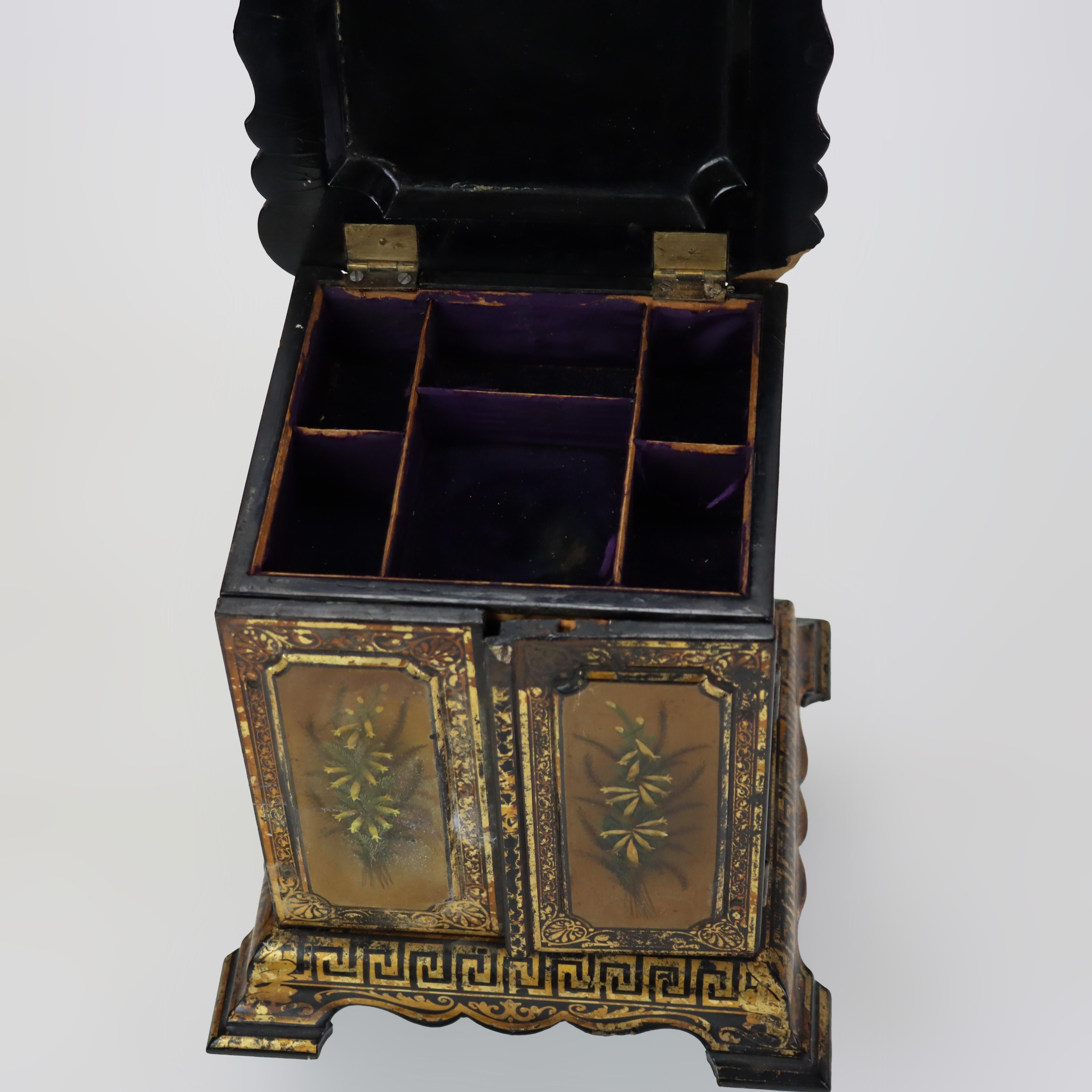 Wood Antique French Ebonized & Gilt Two-Door Lift Top Jewelry Box c1890 For Sale