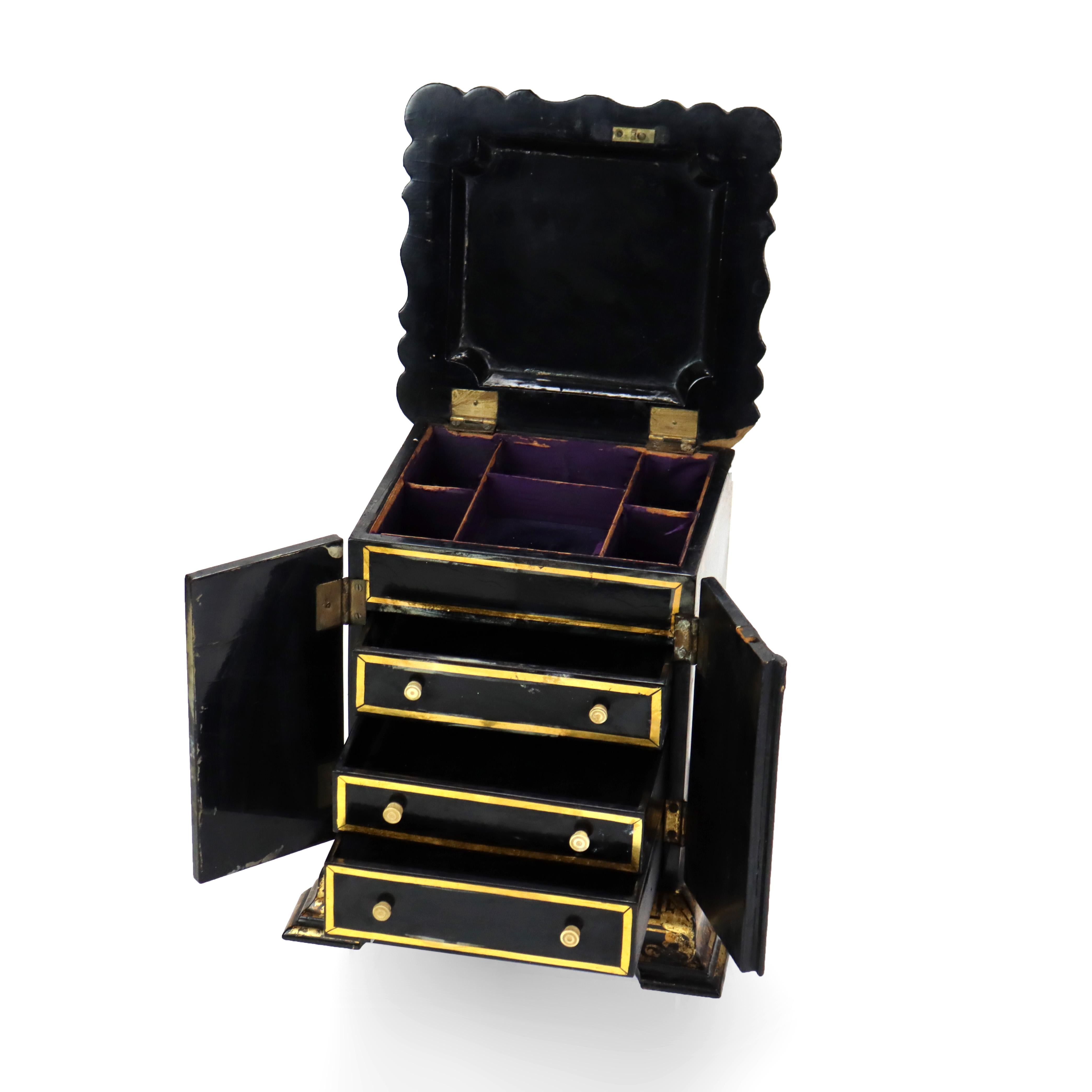 Antique French Ebonized & Gilt Two-Door Lift Top Jewelry Box c1890 For Sale 1