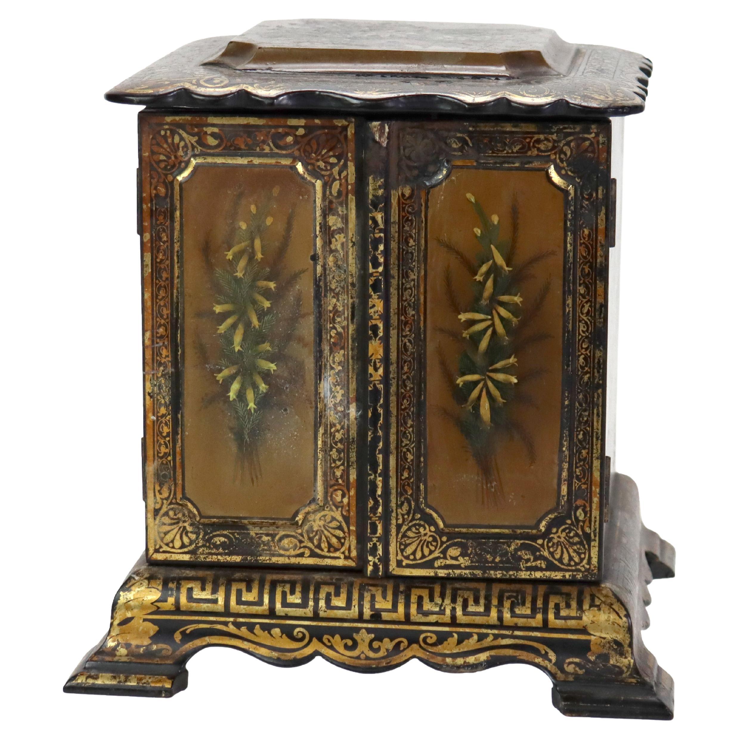 Antique French Ebonized & Gilt Two-Door Lift Top Jewelry Box c1890 For Sale