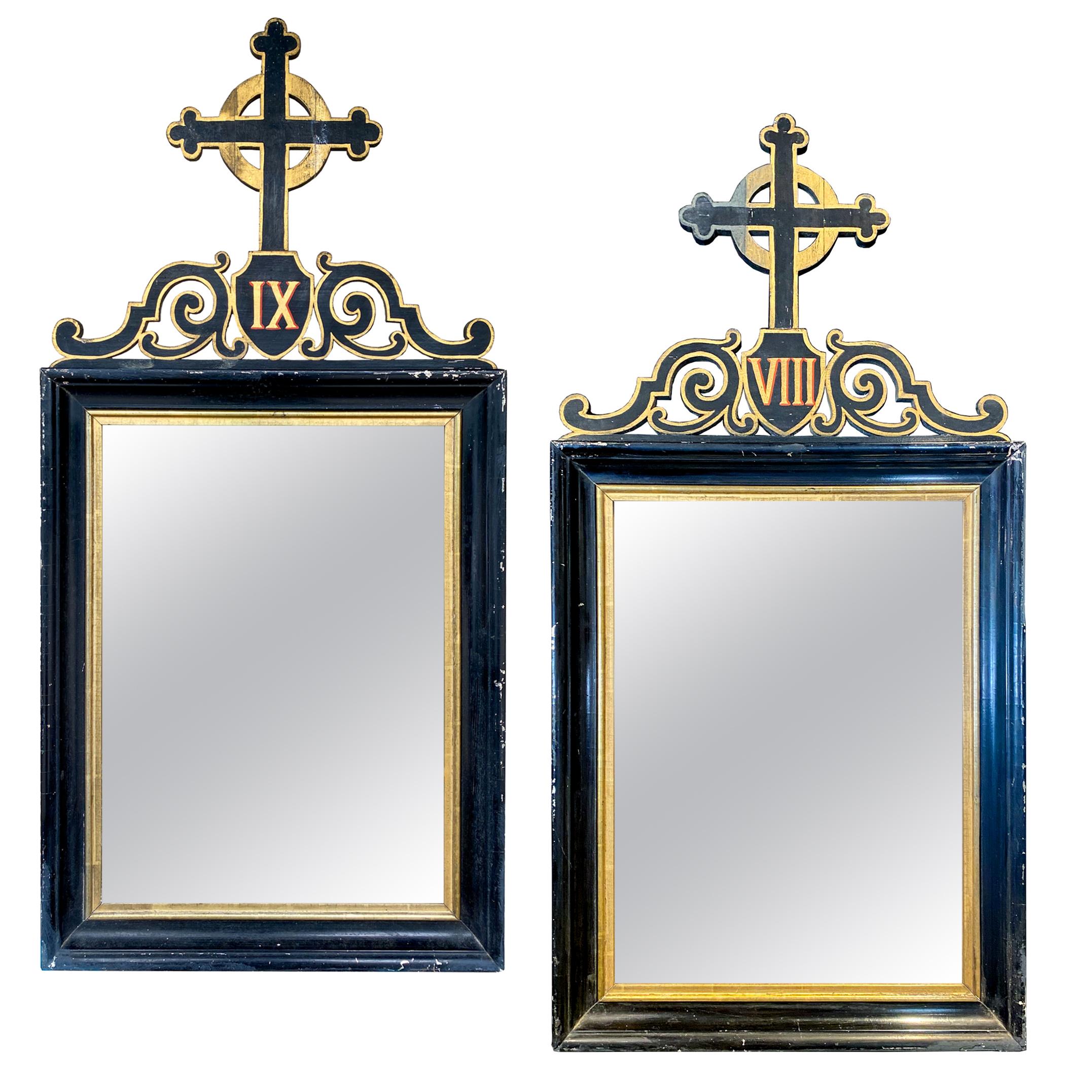 Antique French Ebonized and Giltwood Stations of the Cross Mirror Pairing