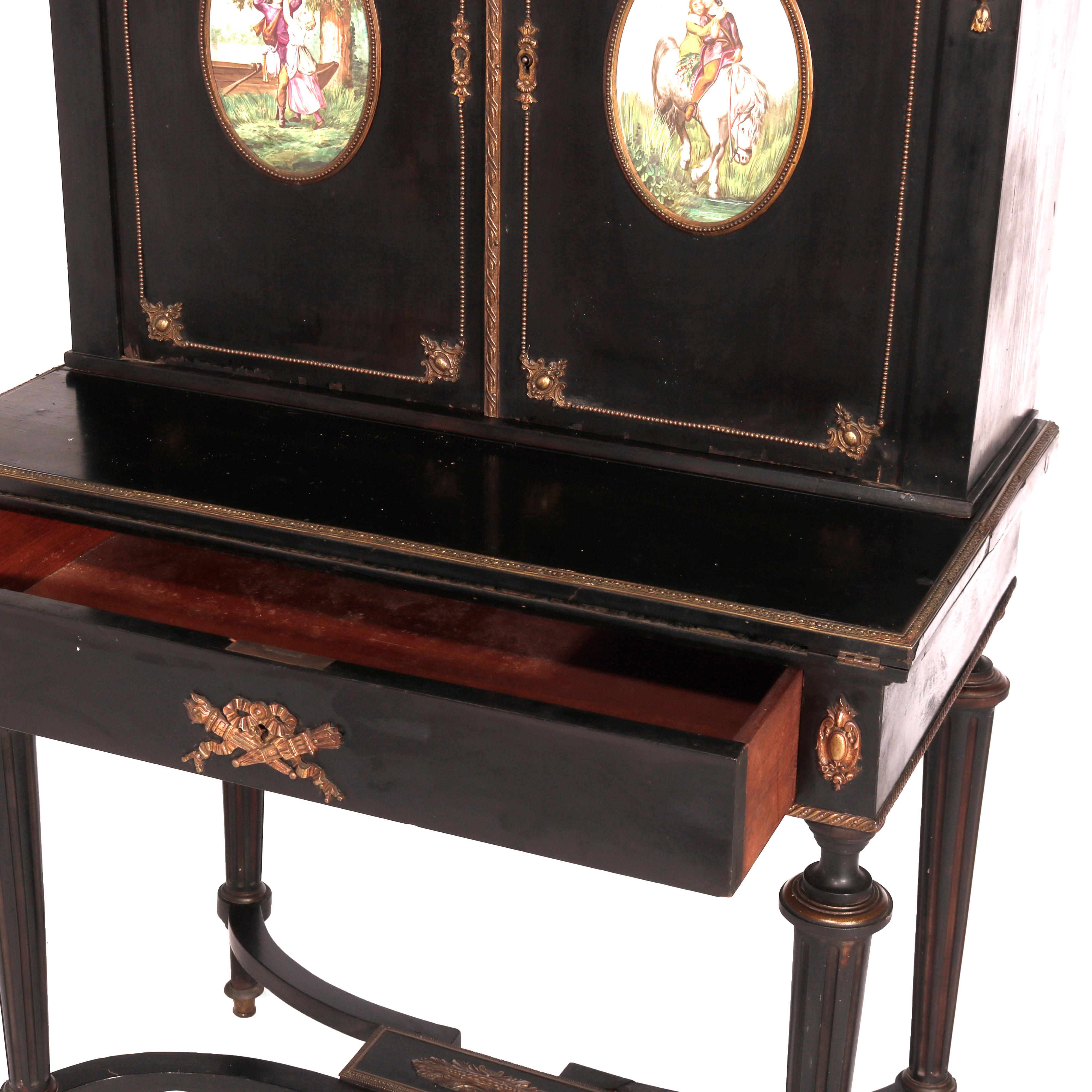Antique French Ebonized & Ormolu Ladies Desk with Porcelain Plaques, circa 1890 In Good Condition For Sale In Big Flats, NY