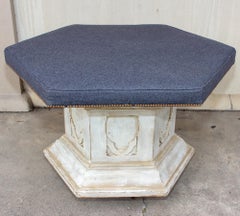 Antique French Ecclesial Hexagonal-Shaped Ottoman with Gray Wool Upholstery