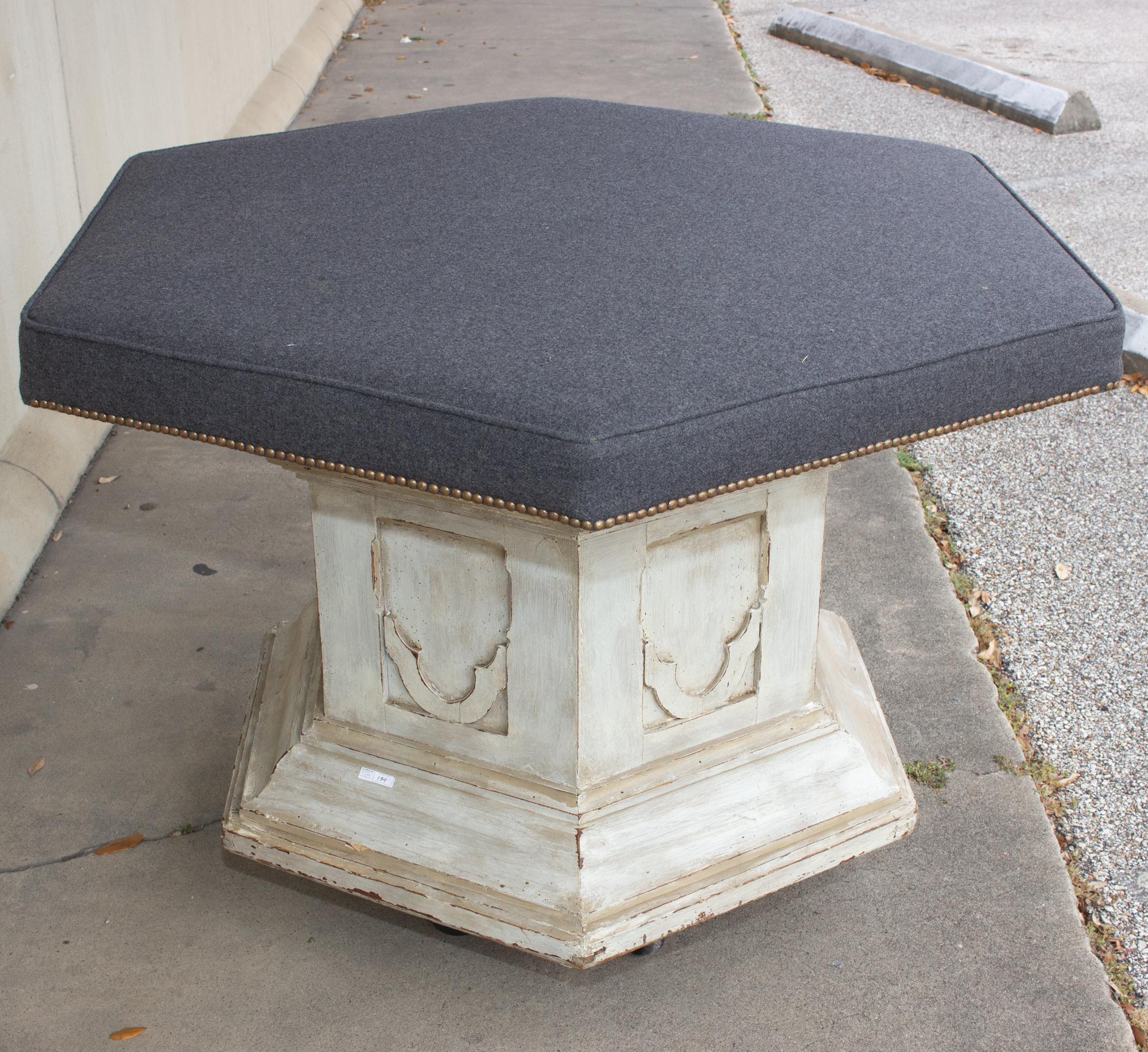 Gothic Revival Antique French Ecclesial Hexagonal-Shaped Ottoman with Gray Wool Upholstery For Sale