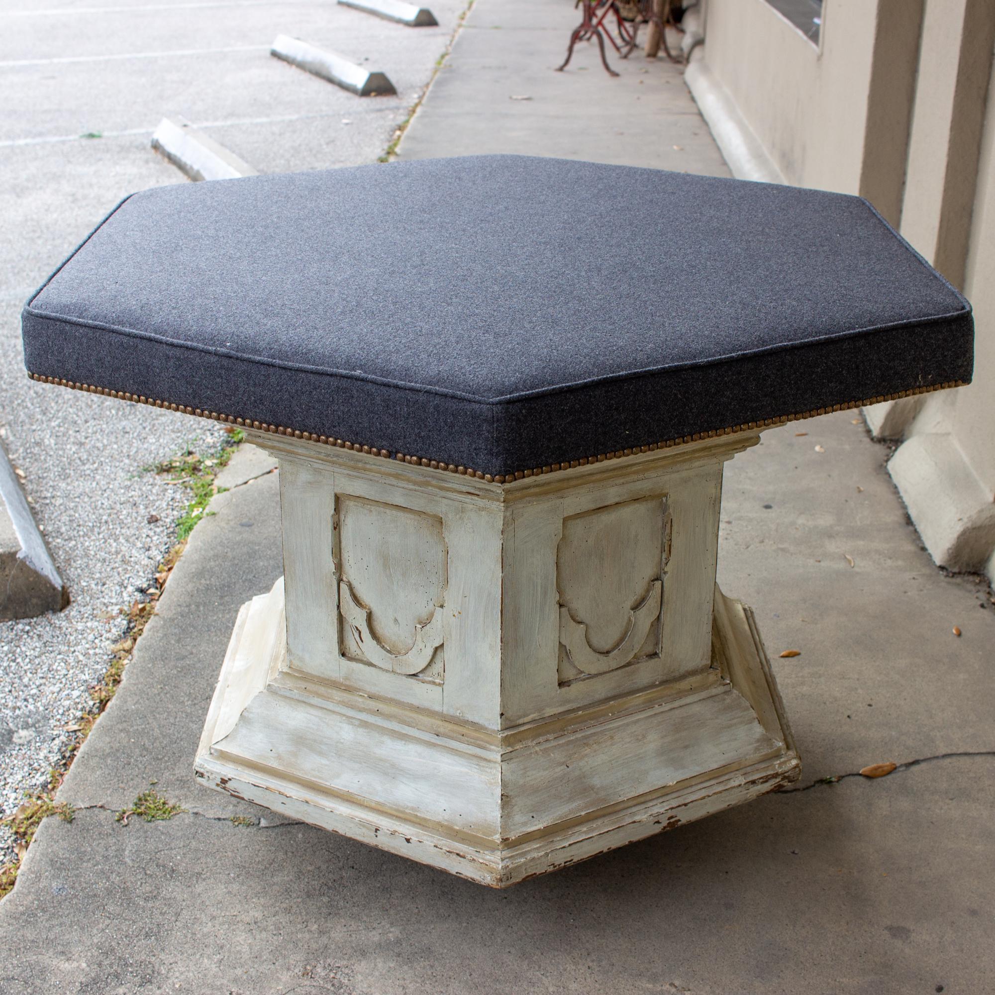 Antique French Ecclesial Hexagonal-Shaped Ottoman with Gray Wool Upholstery In Good Condition For Sale In Houston, TX