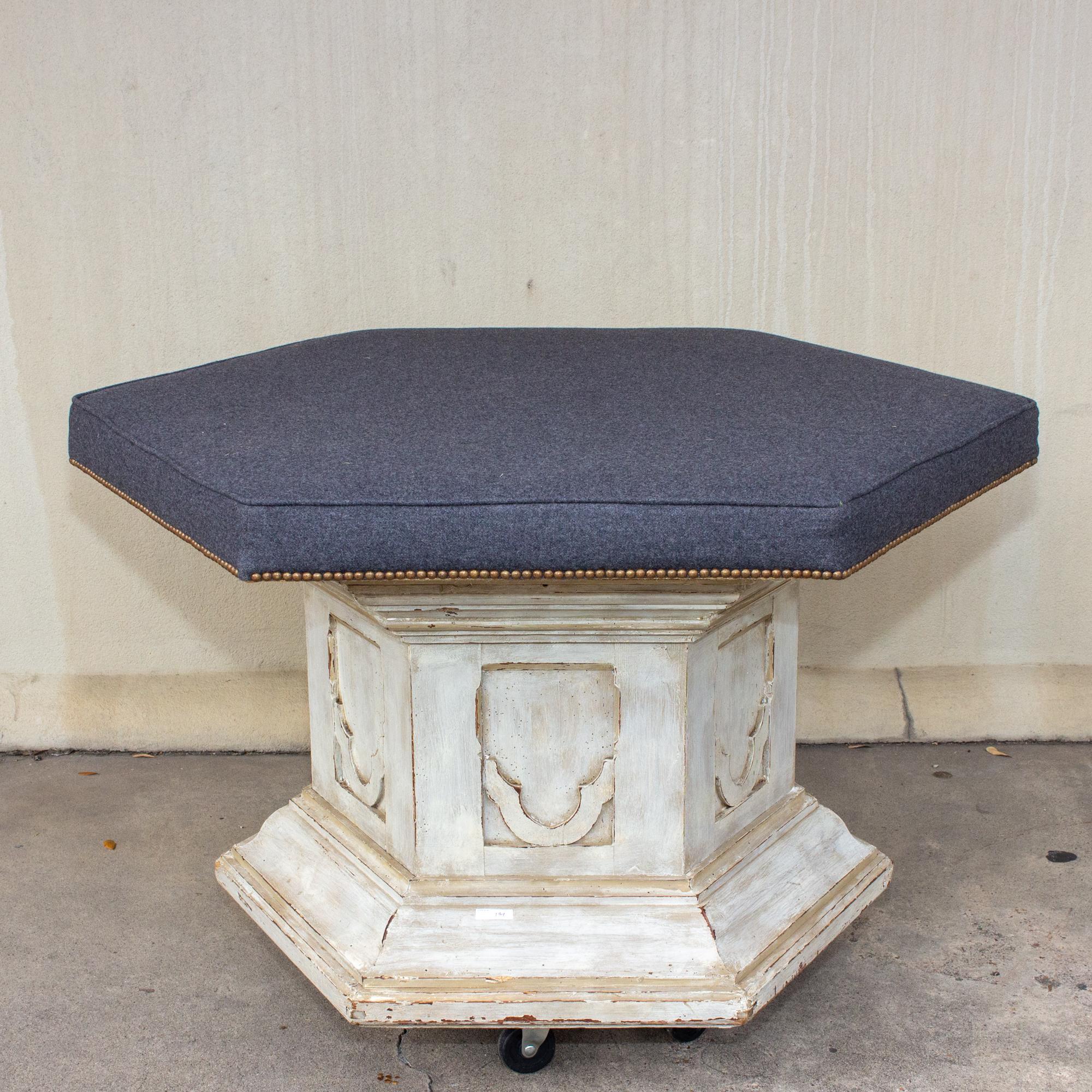 Early 20th Century Antique French Ecclesial Hexagonal-Shaped Ottoman with Gray Wool Upholstery For Sale