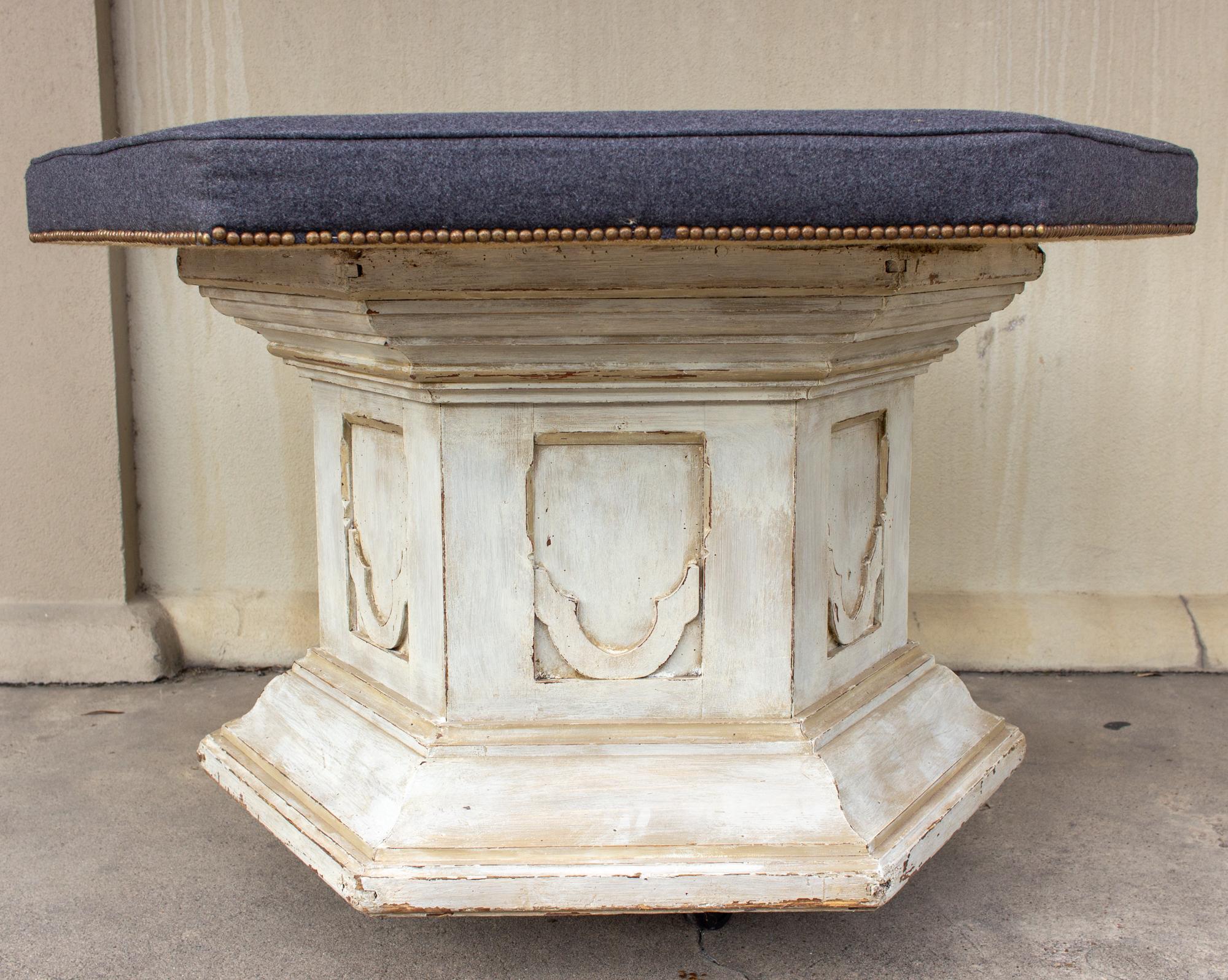 Brass Antique French Ecclesial Hexagonal-Shaped Ottoman with Gray Wool Upholstery For Sale