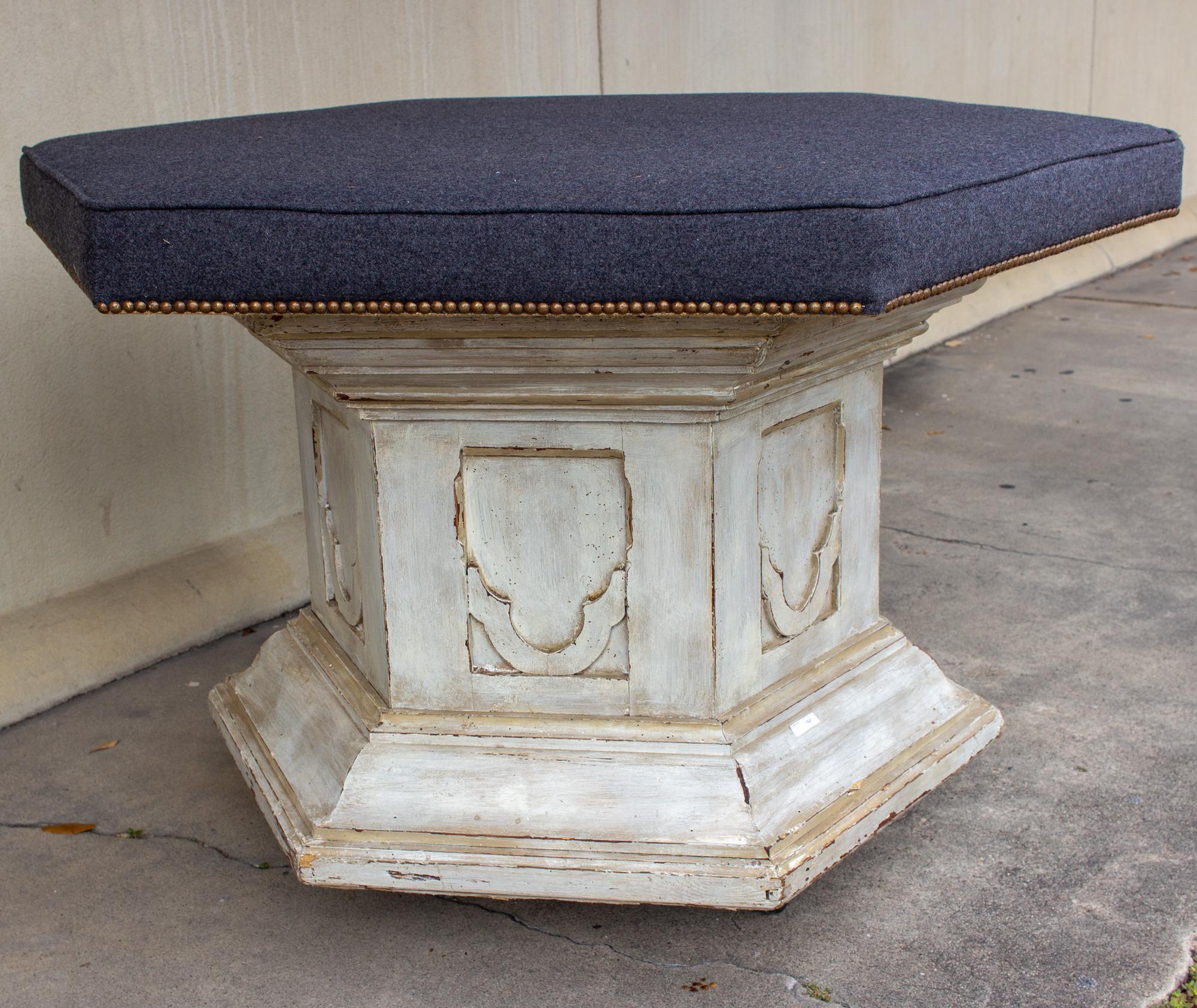 Antique French Ecclesial Hexagonal-Shaped Ottoman with Gray Wool Upholstery For Sale 1