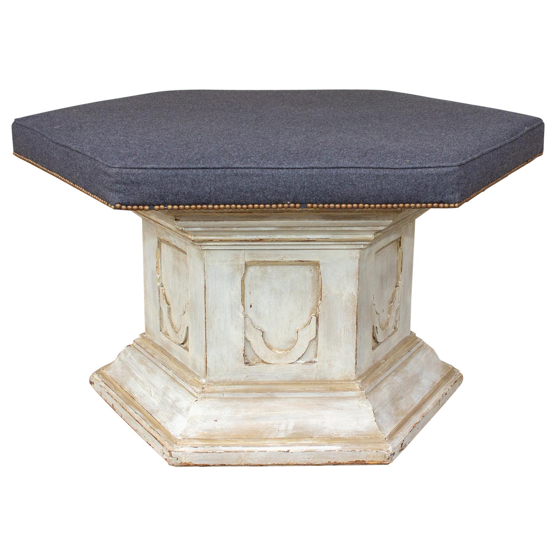 Antique French Ecclesial Hexagonal-Shaped Ottoman with Gray Wool Upholstery For Sale