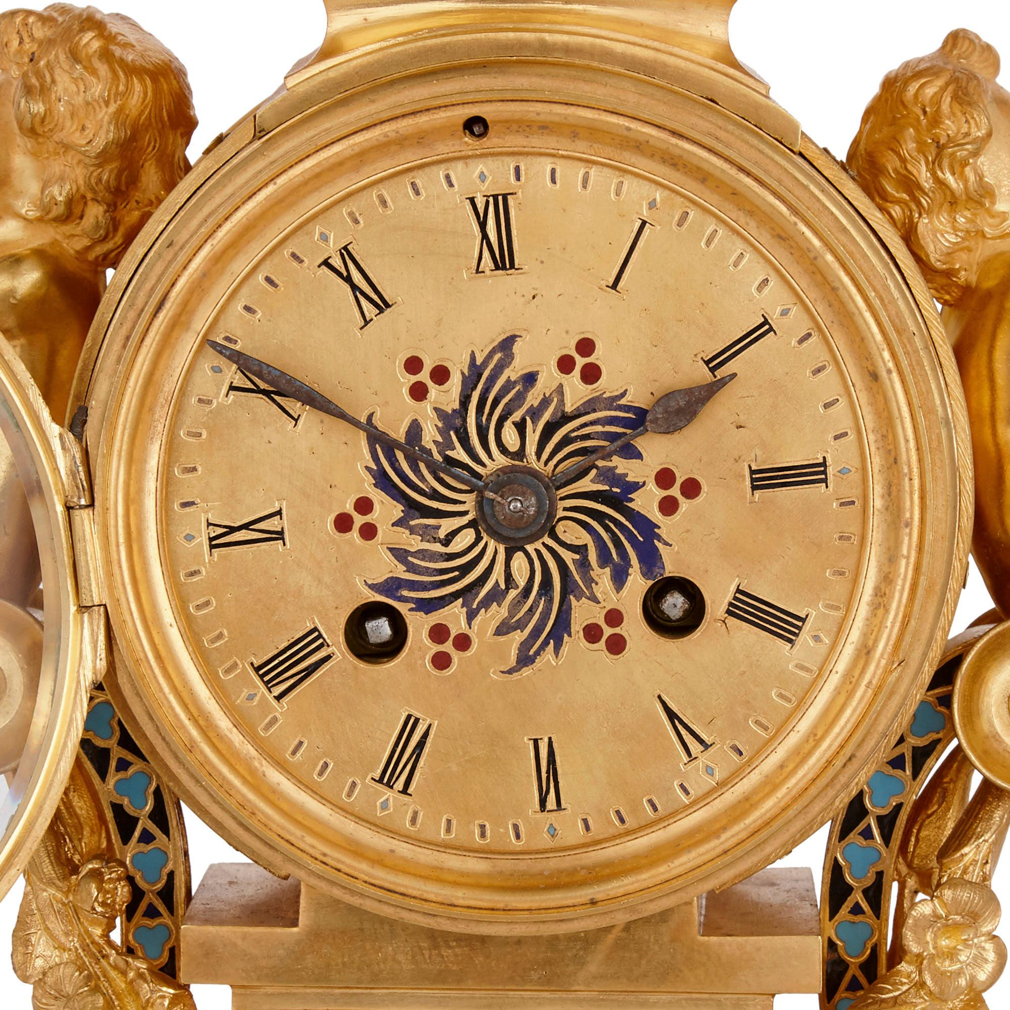 Belle Époque Antique French Eclectic Style Enamel and Gilt Bronze Clock Set For Sale