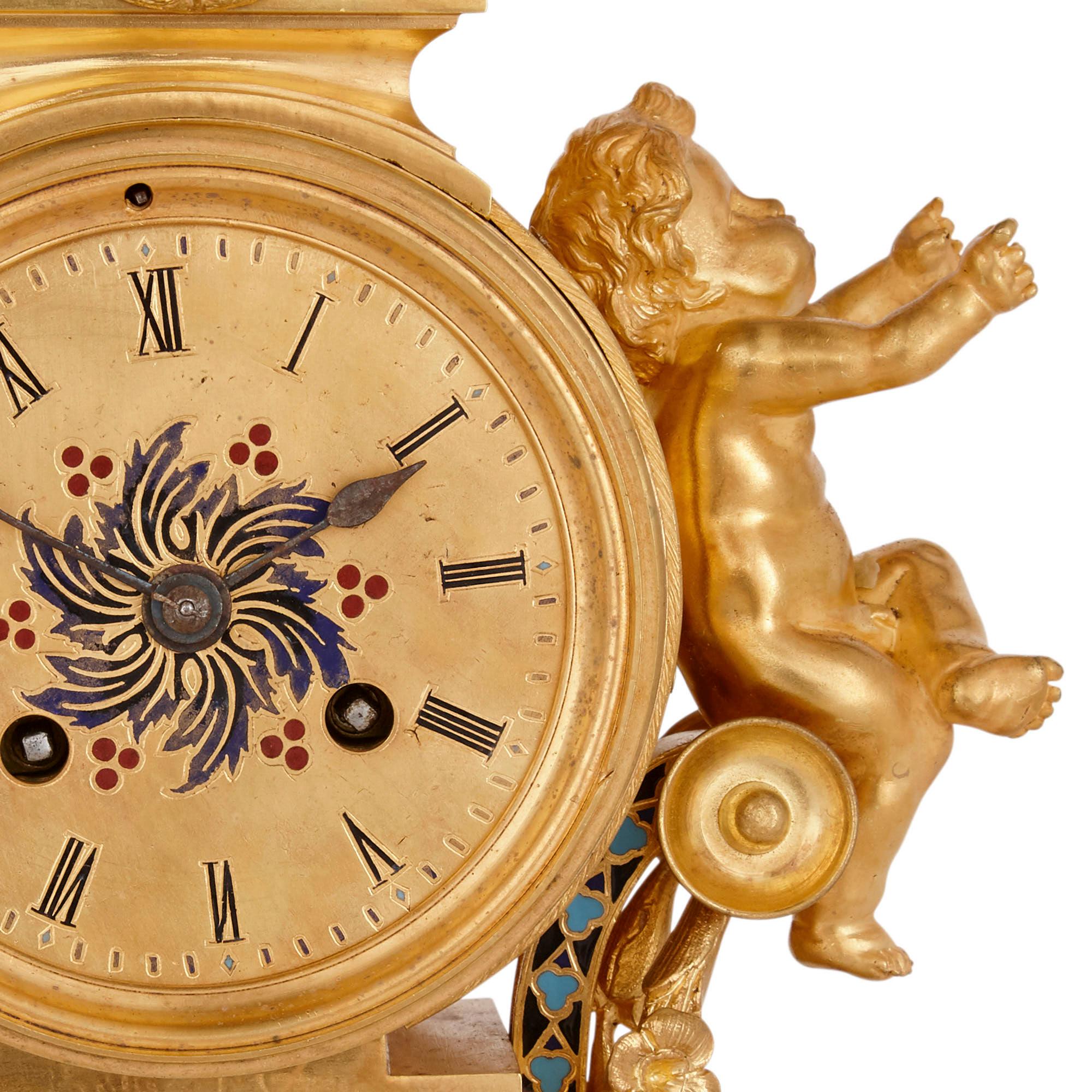 Champlevé Antique French Eclectic Style Enamel and Gilt Bronze Clock Set For Sale
