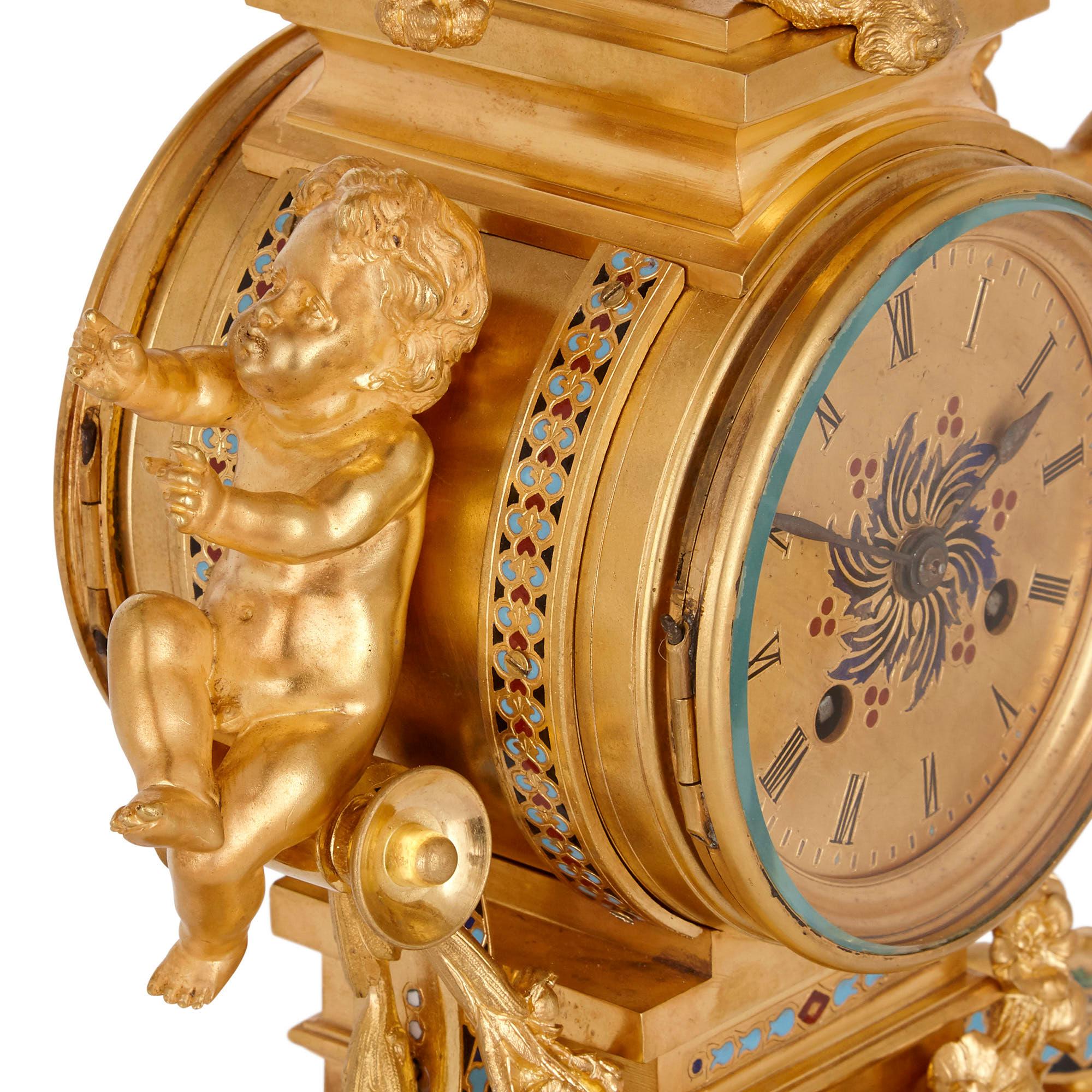 Antique French Eclectic Style Enamel and Gilt Bronze Clock Set In Good Condition For Sale In London, GB