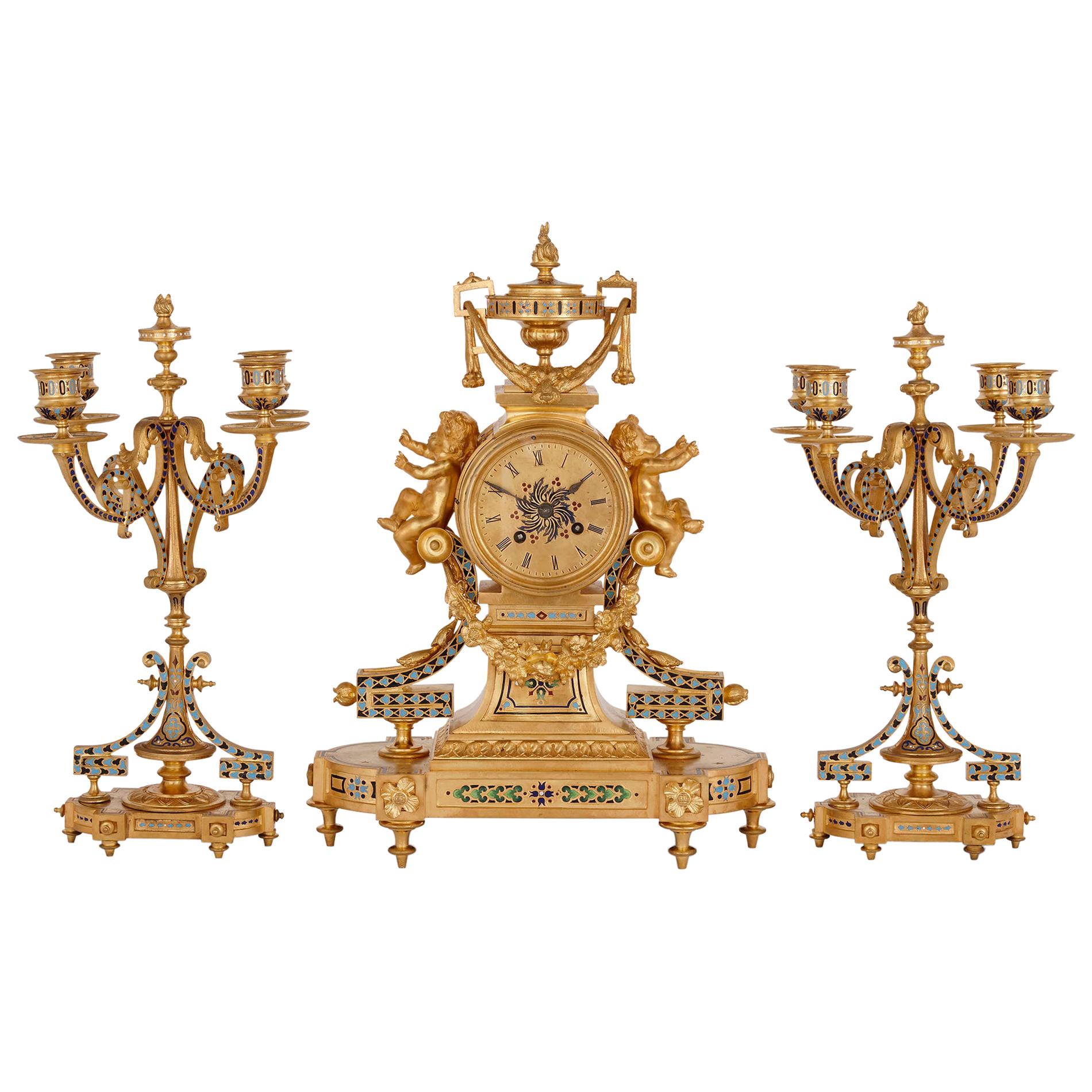 Antikes französisches Uhrenset aus Emaille und vergoldeter Bronze im eklektischen Stil