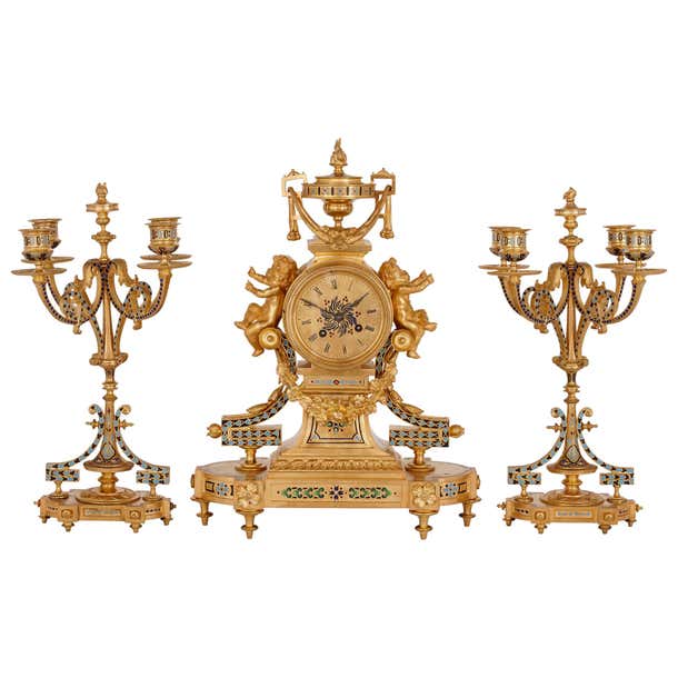 Eclectic Clock Antique French Eclectic Style Enamel and Gilt Bronze Clock Set For Sale ...