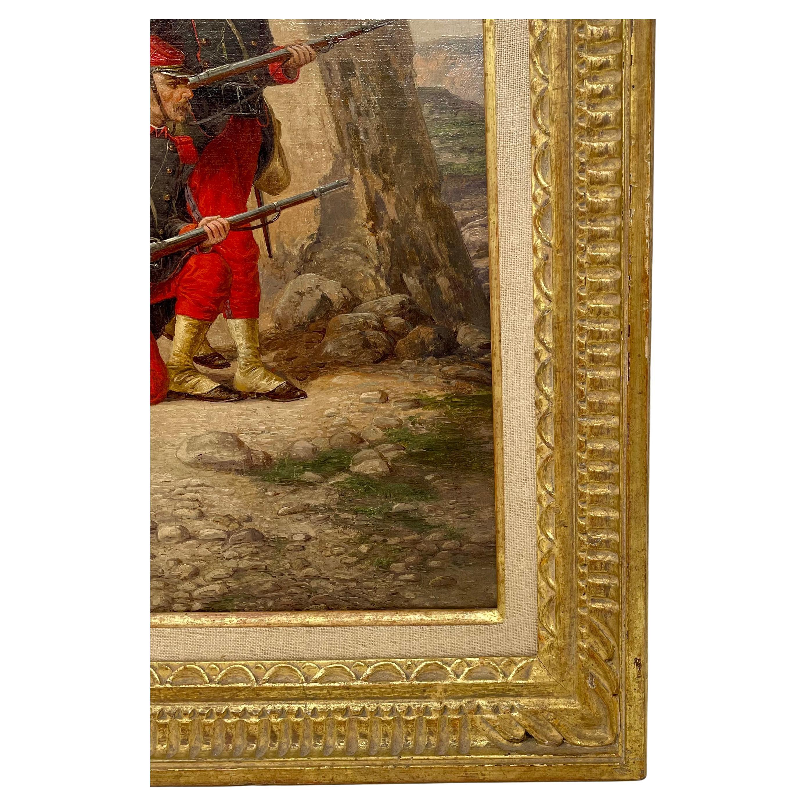 Antique French early 20th century oil on canvas painting of a French infantry march during the Franco-Prussian War, signed 