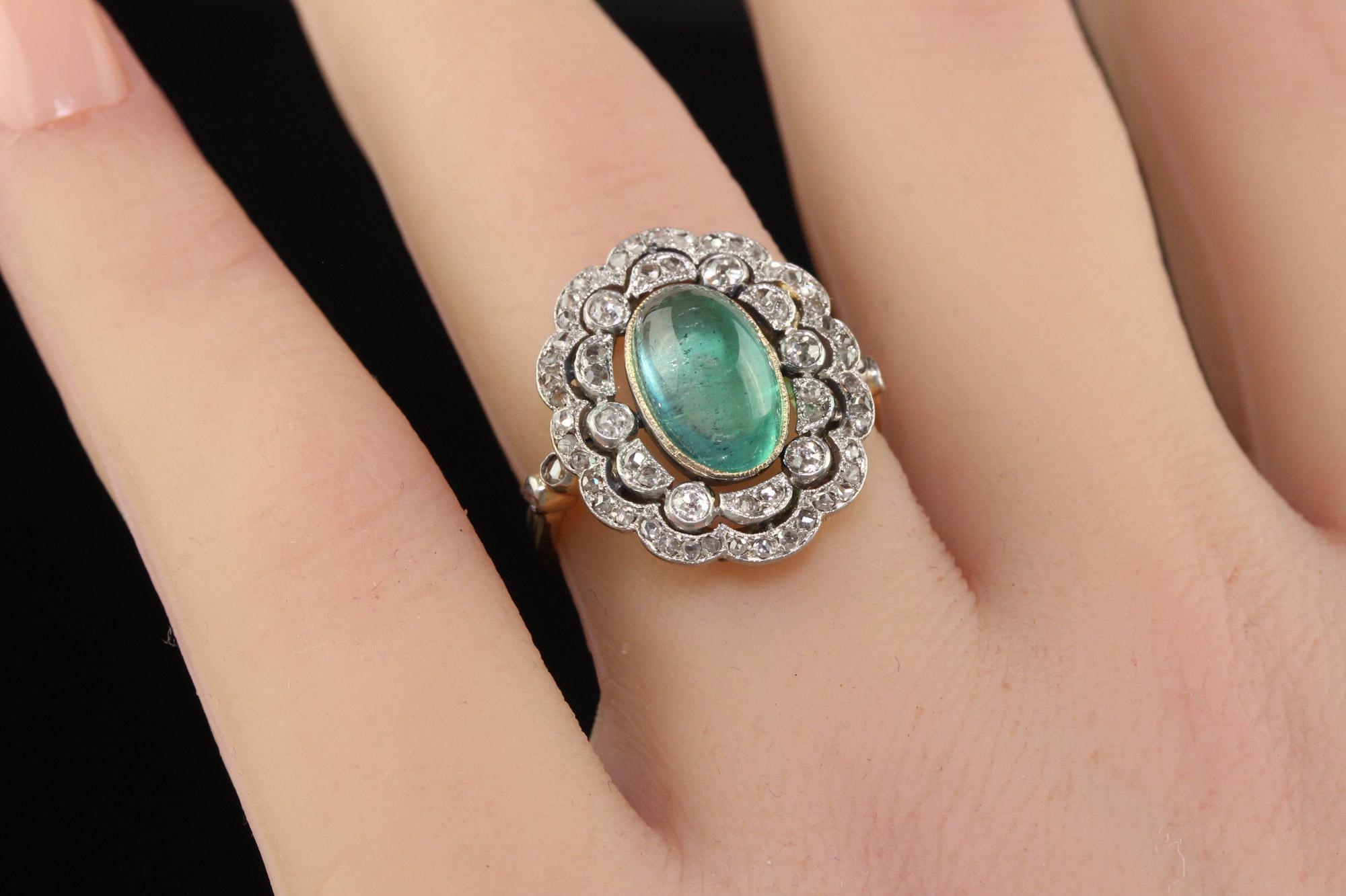 Antique French Edwardian 18K Gold Platinum Diamond Cabochon Emerald Ring - GIA 6
