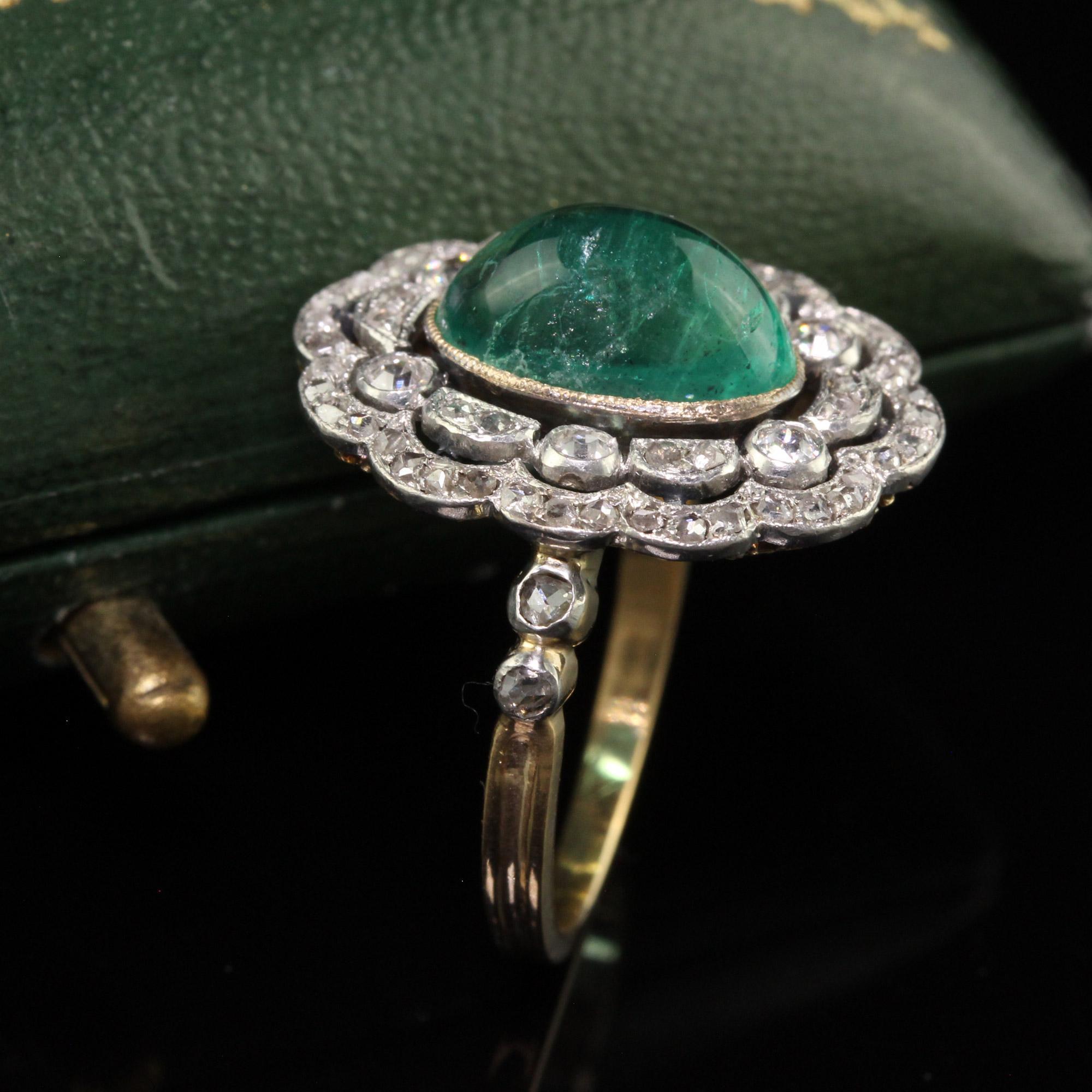 Antique French Edwardian 18K Gold Platinum Diamond Cabochon Emerald Ring - GIA In Good Condition In Great Neck, NY
