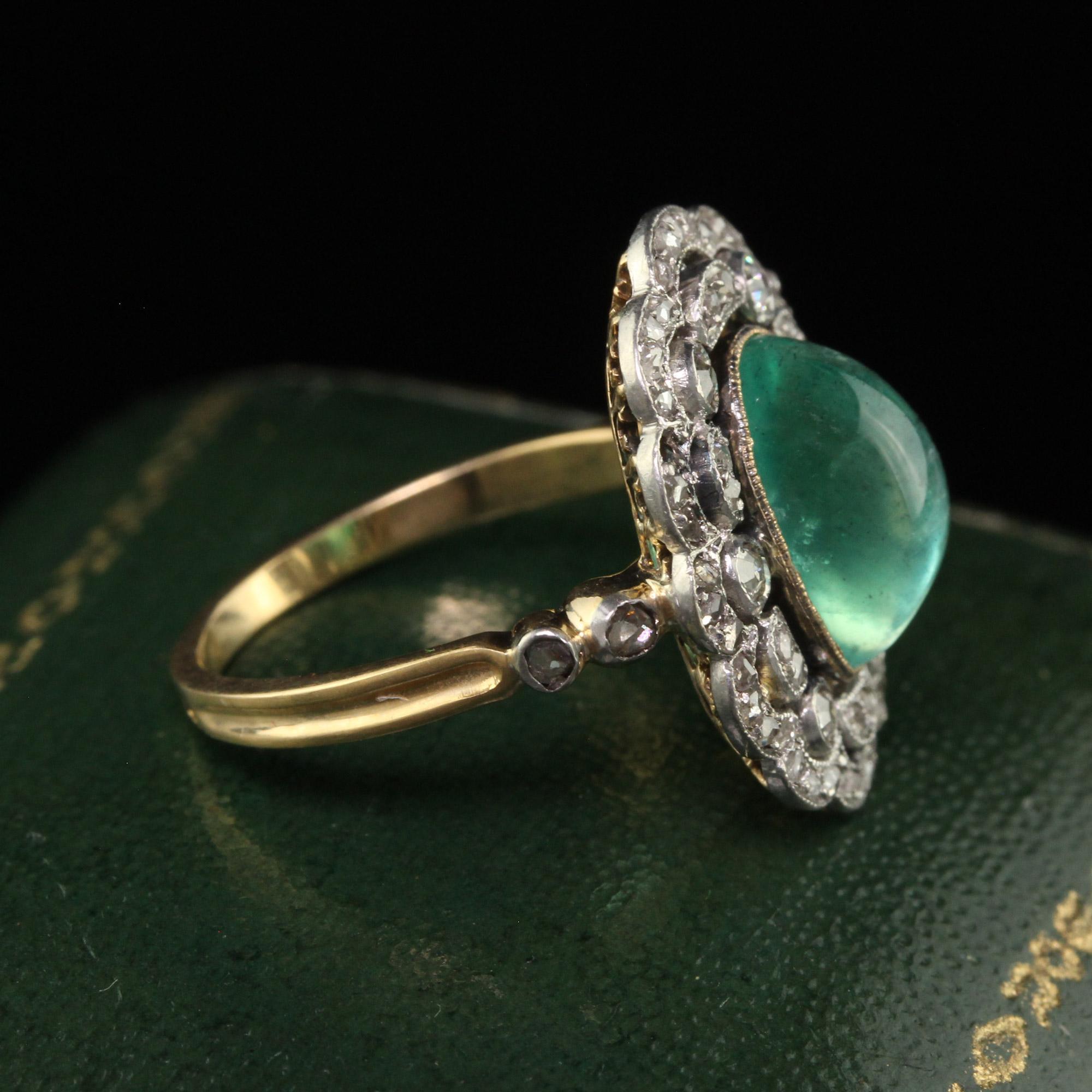 Women's Antique French Edwardian 18K Gold Platinum Diamond Cabochon Emerald Ring - GIA