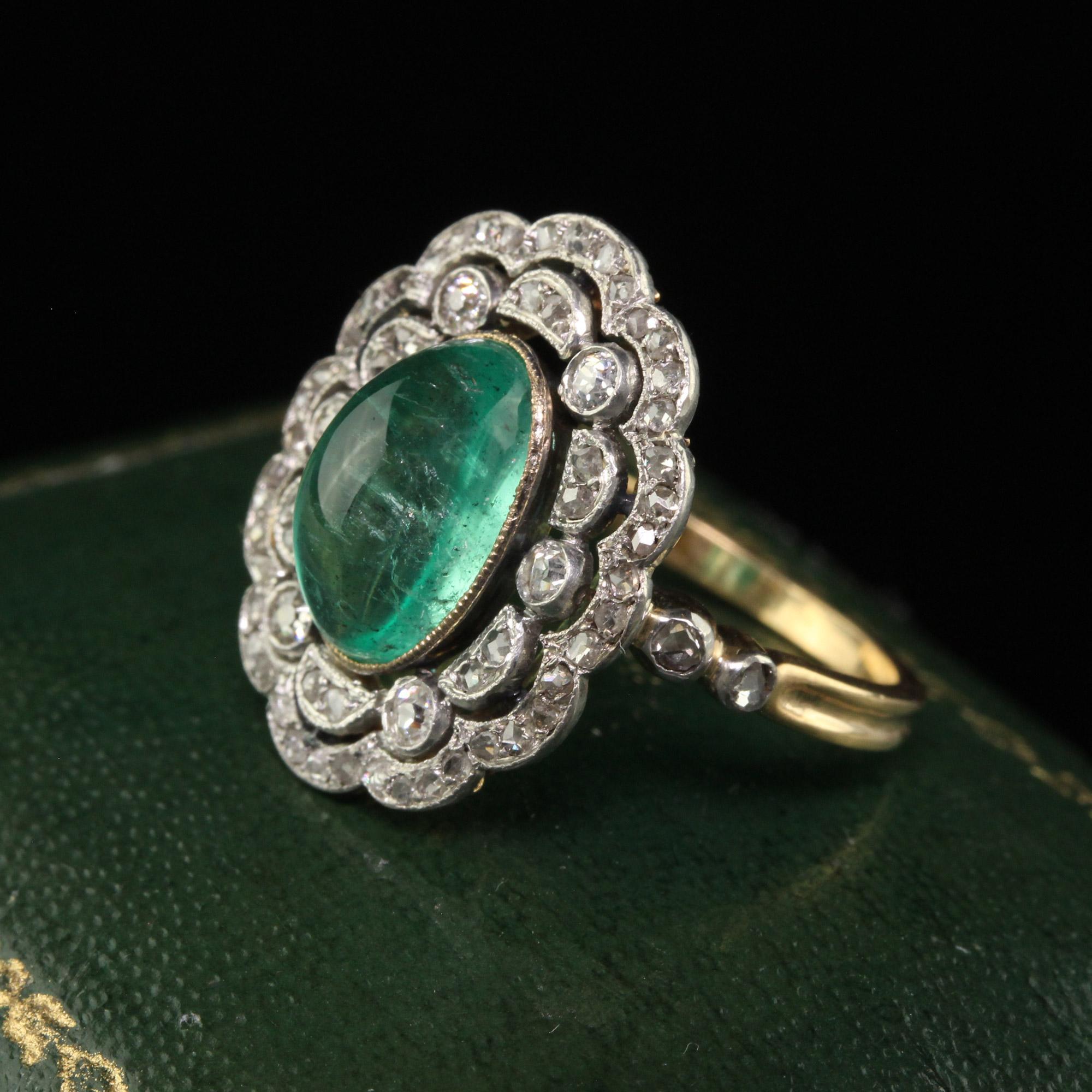 Antique French Edwardian 18K Gold Platinum Diamond Cabochon Emerald Ring - GIA 1