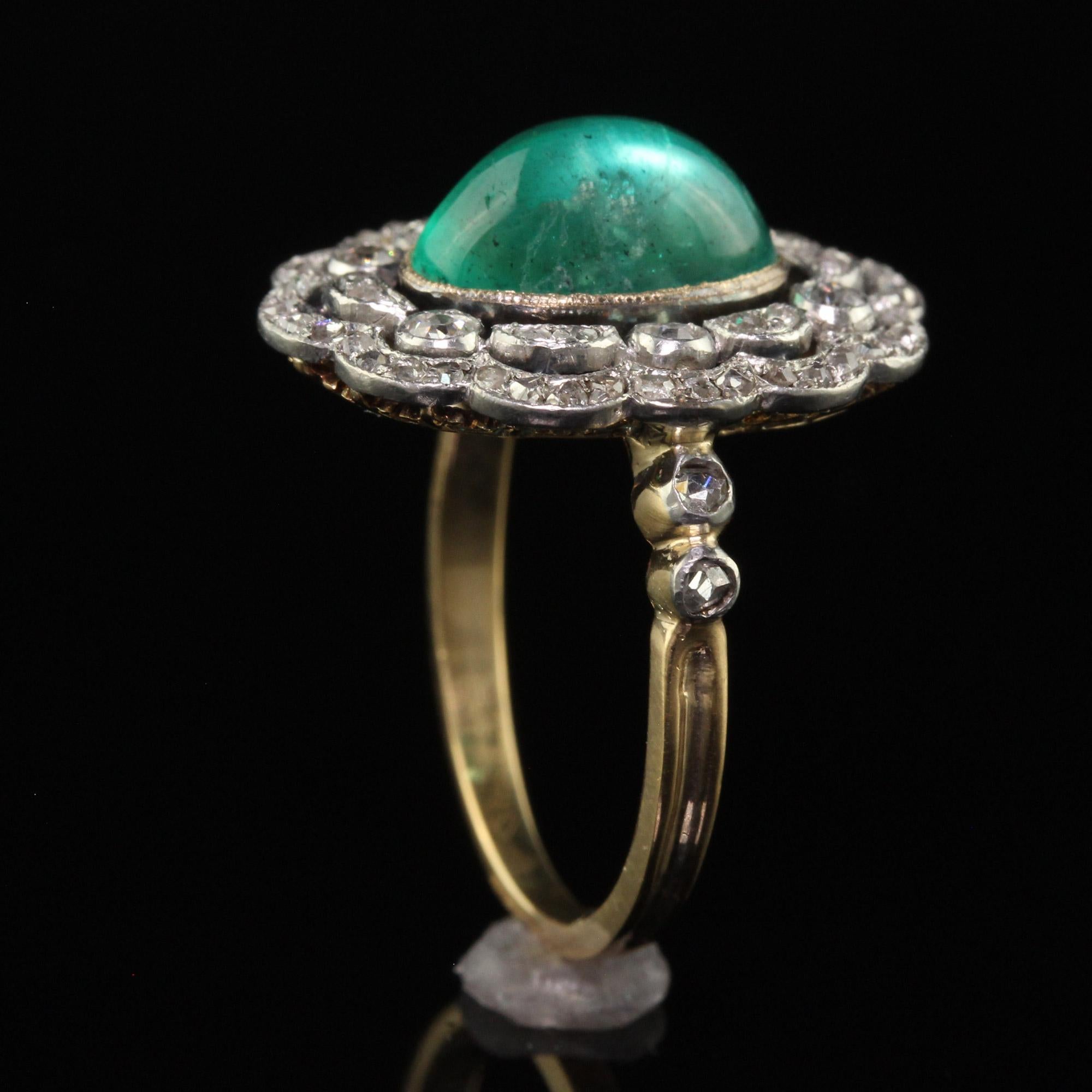 Antique French Edwardian 18K Gold Platinum Diamond Cabochon Emerald Ring - GIA 5